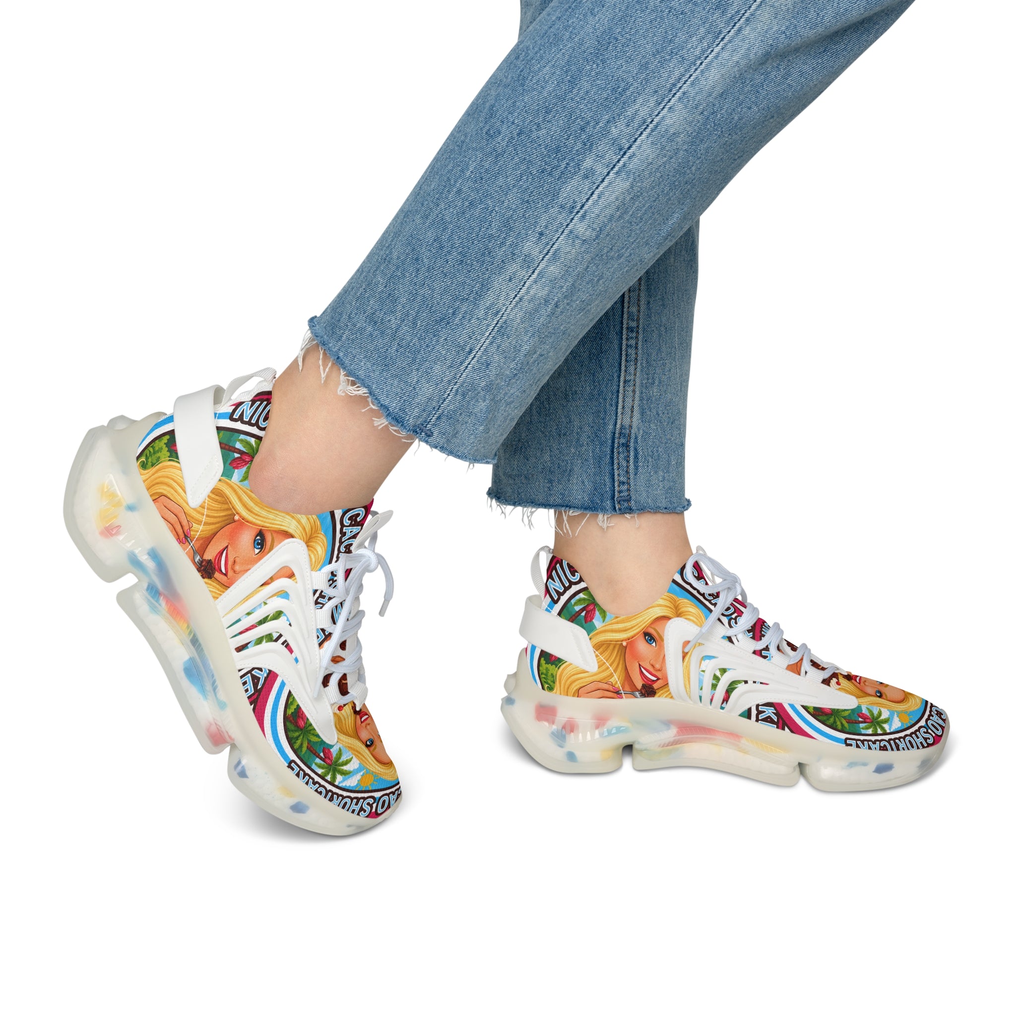 Women's Mesh Sneakers —"  Nicaragua Cacao Shortcake "Colorful Retro Barbie-Inspired Graphic Trainers