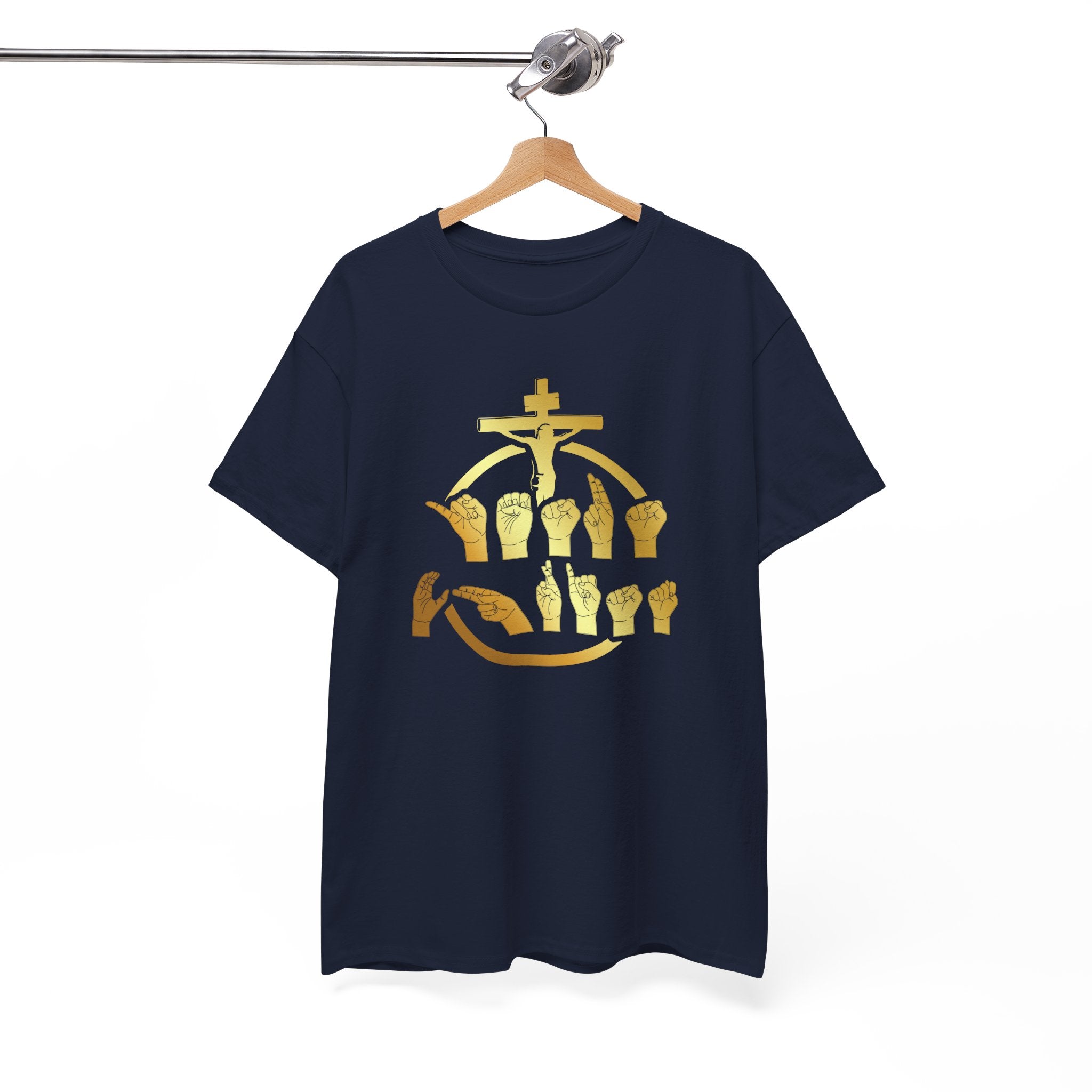 Christian Cross & Praying Hands T-Shirt — Gold Faith Design