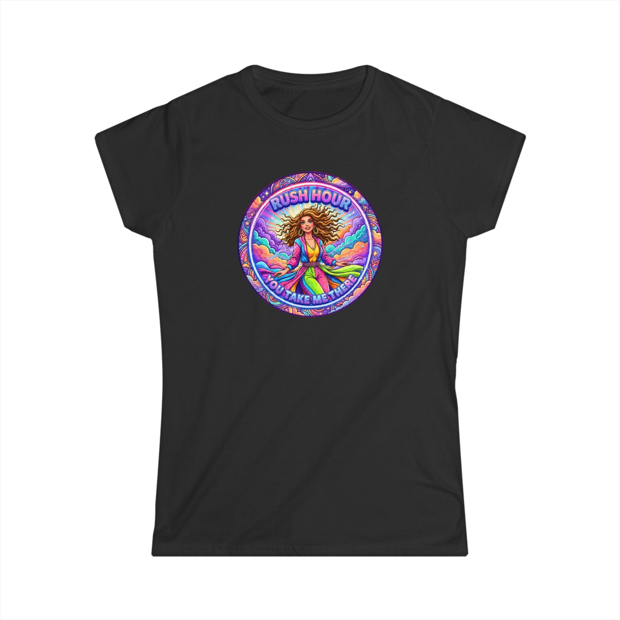 Women's Tee — “Rush Hour” Colorful Retro Hippie Graphic
