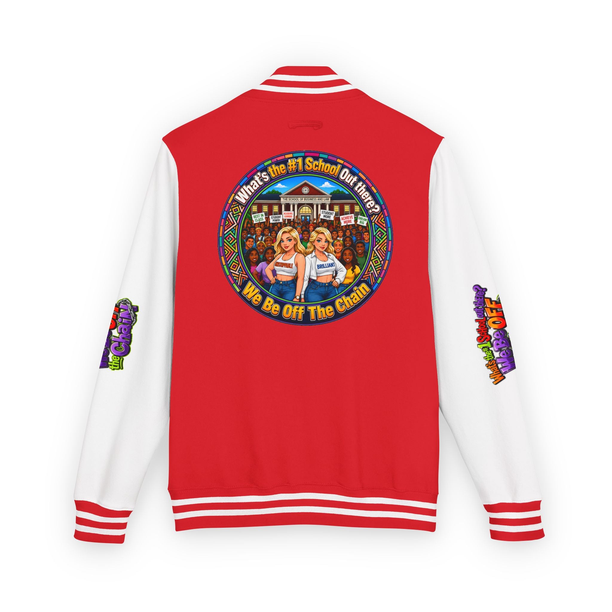 Letterman Jacket — Colorful School Spirit "We Be Off The Chain" Varsity Jacket