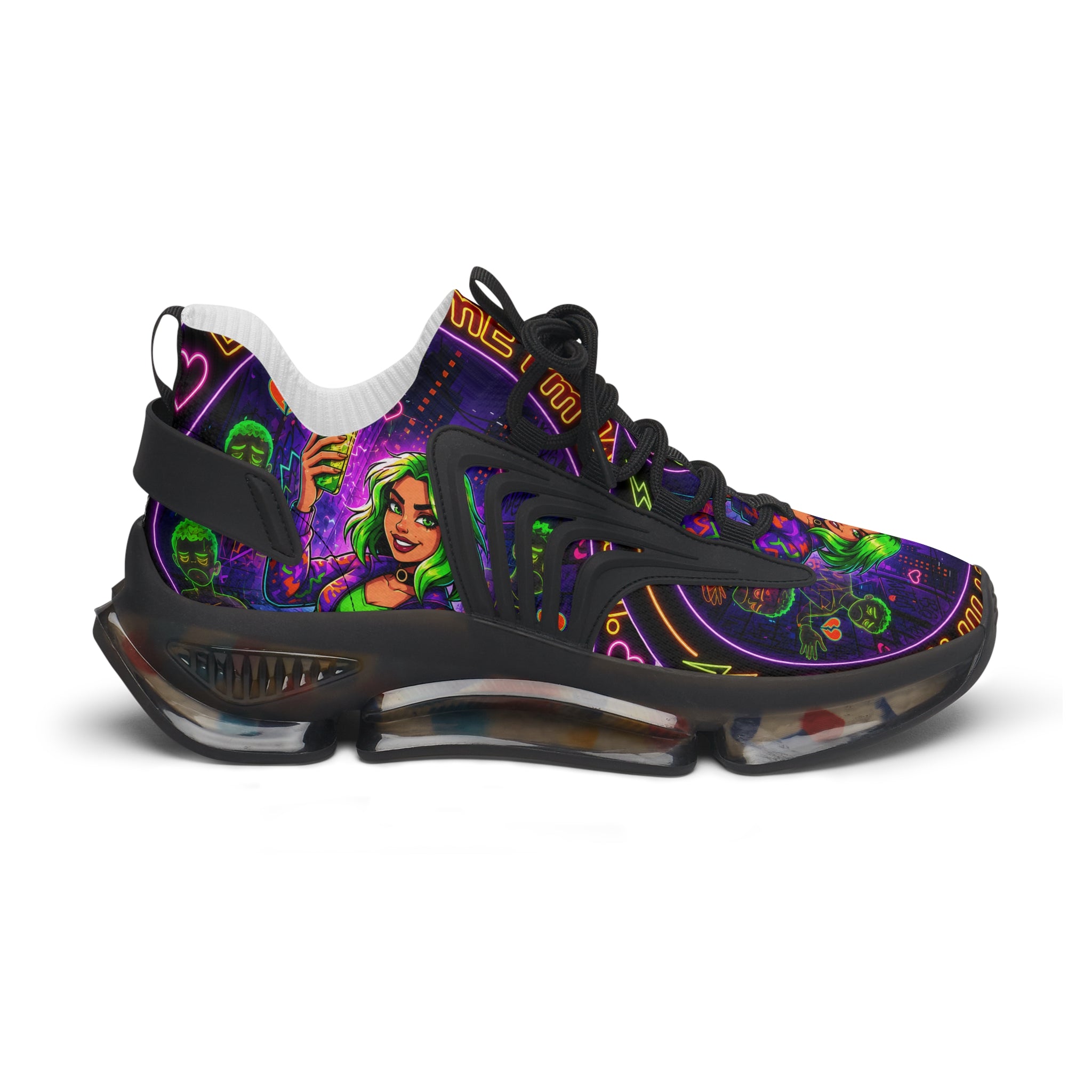 Mesh Sneakers — Neon Green Witch Graphic Athletic Shoes