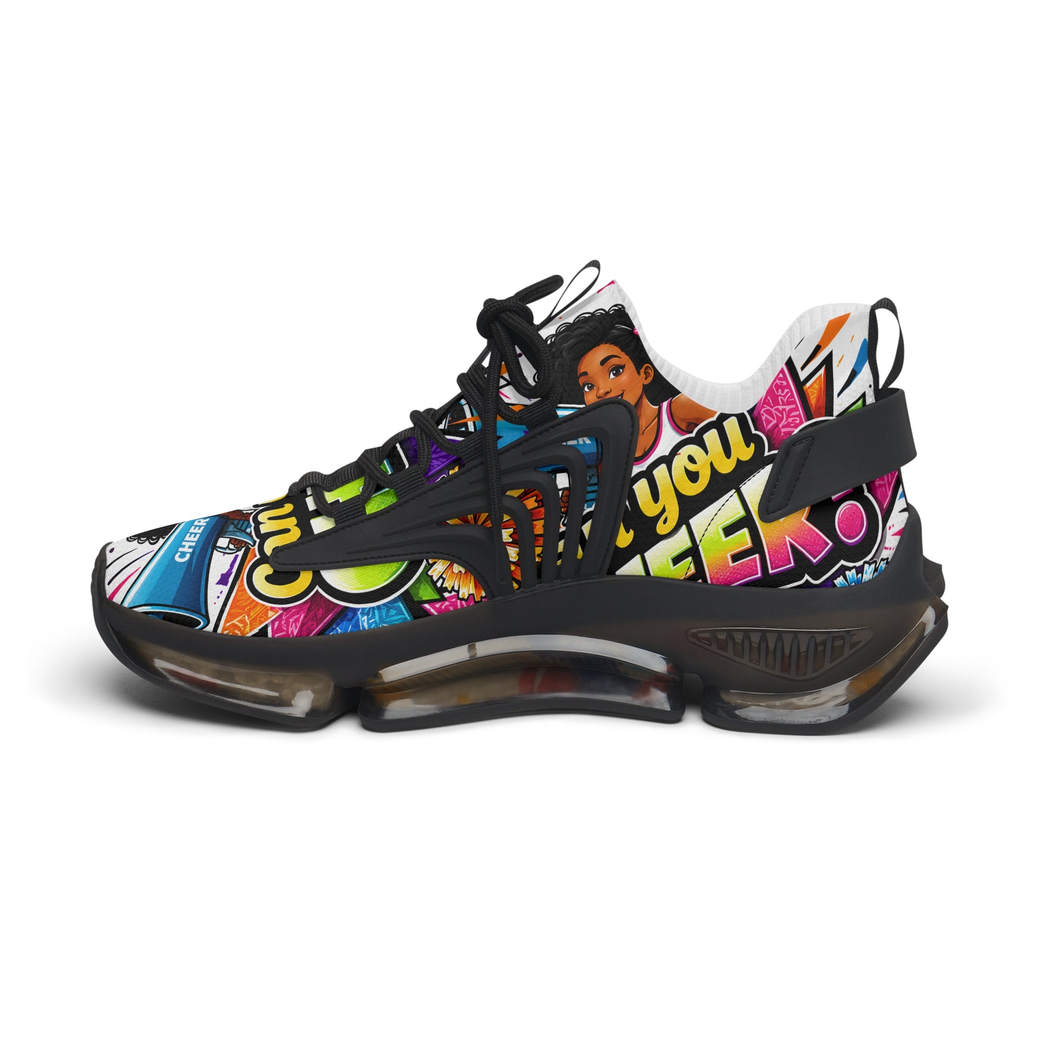 Women's Mesh Sneakers — Colorful Pop Art 'Can You Cheer?' Graphic Athletic Shoes