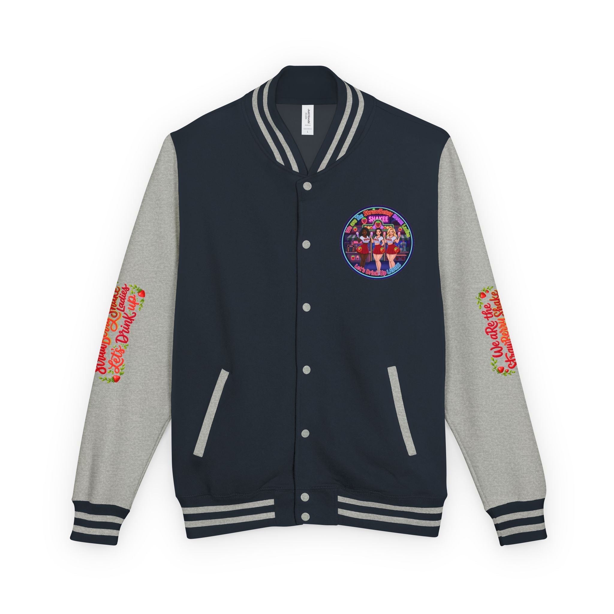 Letterman Jacket —" We Are The Strawberry Shake Ladies " Retro Shakee Cheer Graphic