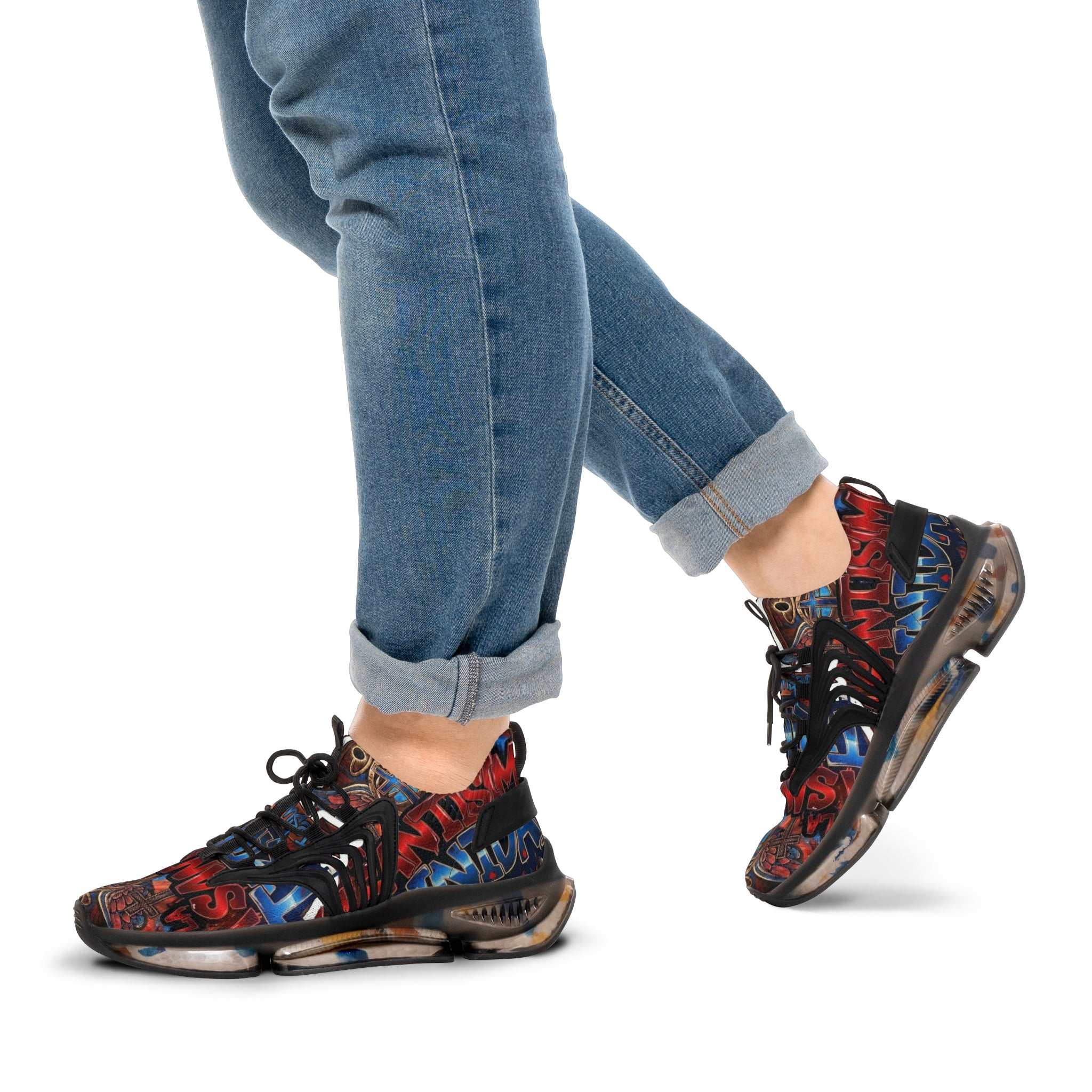 Men's Abstract Red Blue Athletic Sneakers — "La Santísima Tranidad"  Bold Pattern Mesh Running Shoes