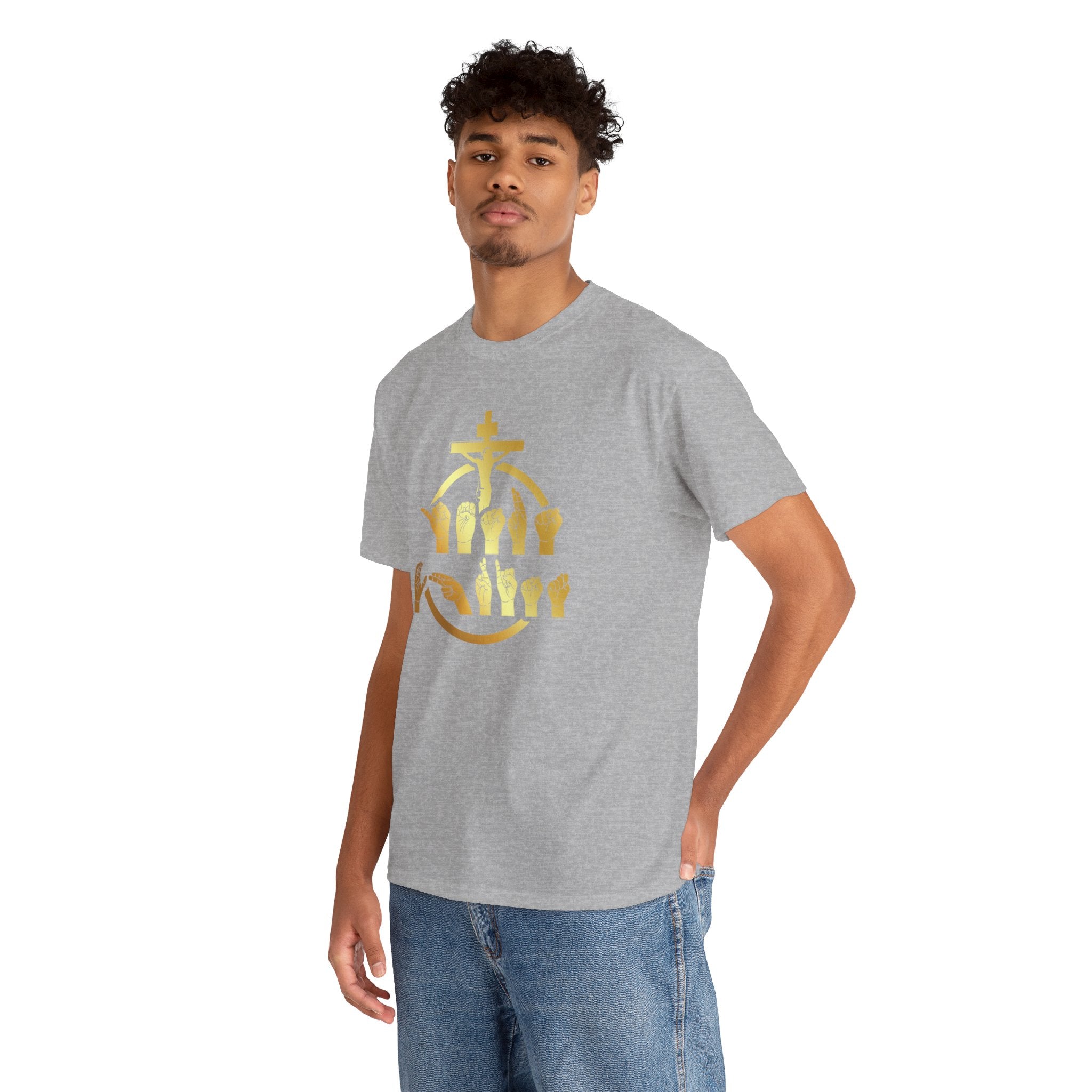 Christian Cross & Praying Hands T-Shirt — Gold Faith Design
