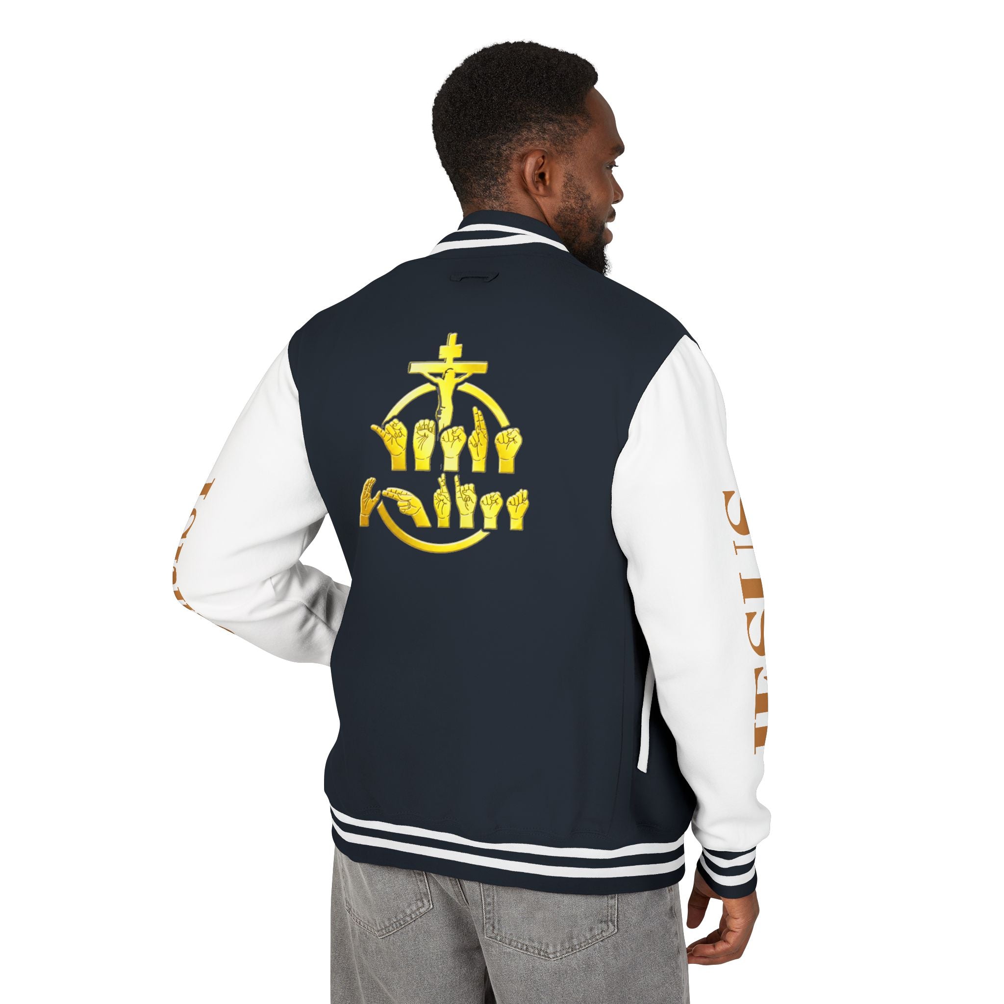 "Sign language Jesus Christ "     Christian Crown Letterman Jacket - 'Jesus Christ' Sleeve Varsity Jacket
