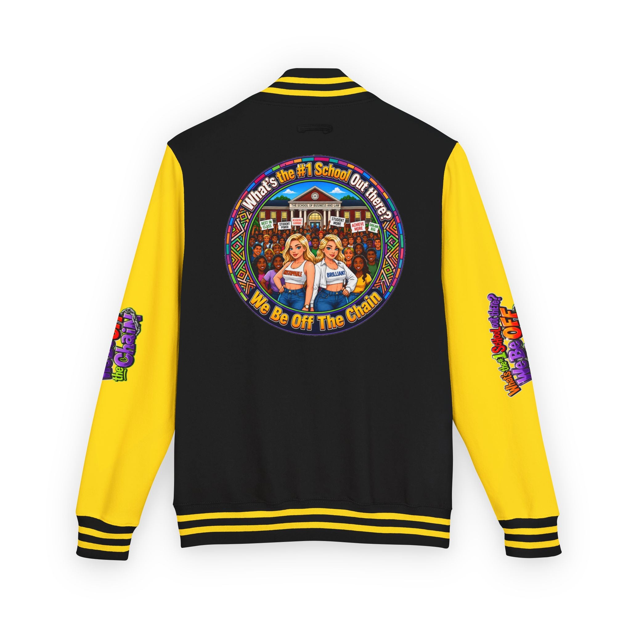Letterman Jacket — Colorful School Spirit "We Be Off The Chain" Varsity Jacket