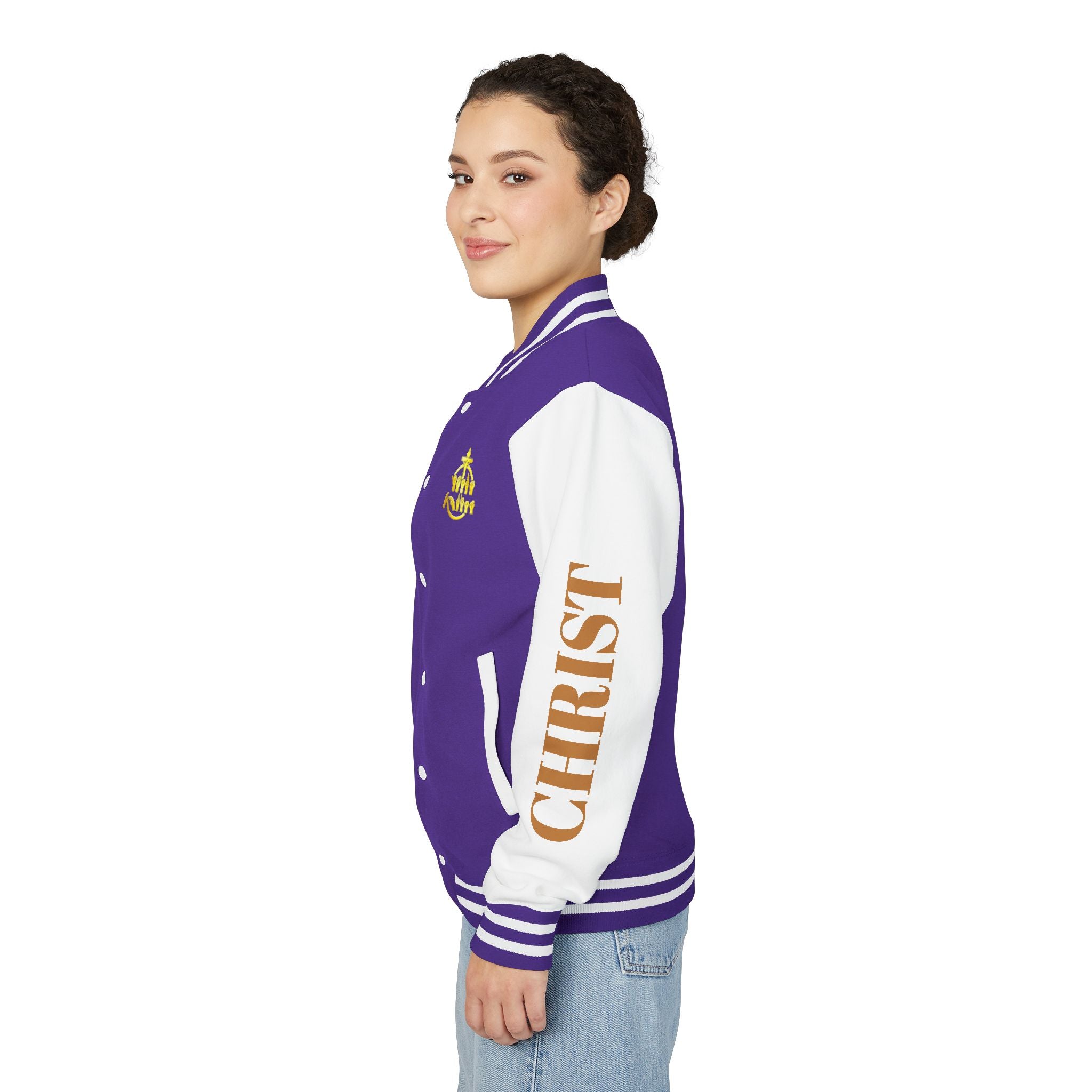"Sign language Jesus Christ "     Christian Crown Letterman Jacket - 'Jesus Christ' Sleeve Varsity Jacket