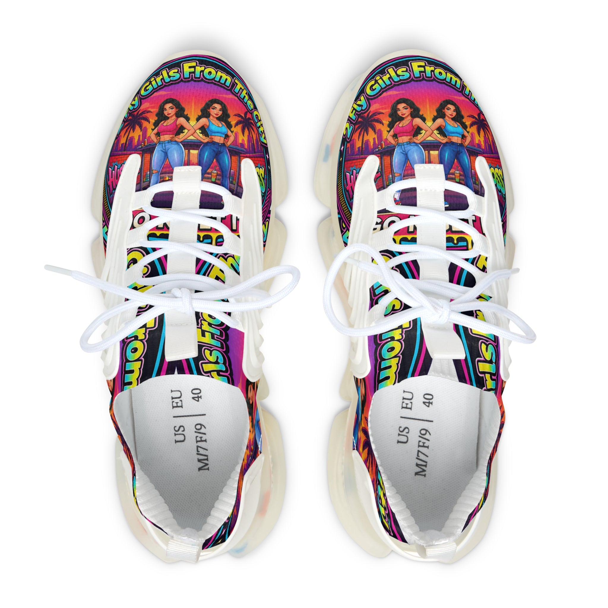 Women’s Mesh Sneakers — Colorful Retro '2Fly Girls From The City' Graphic Athletic Shoes