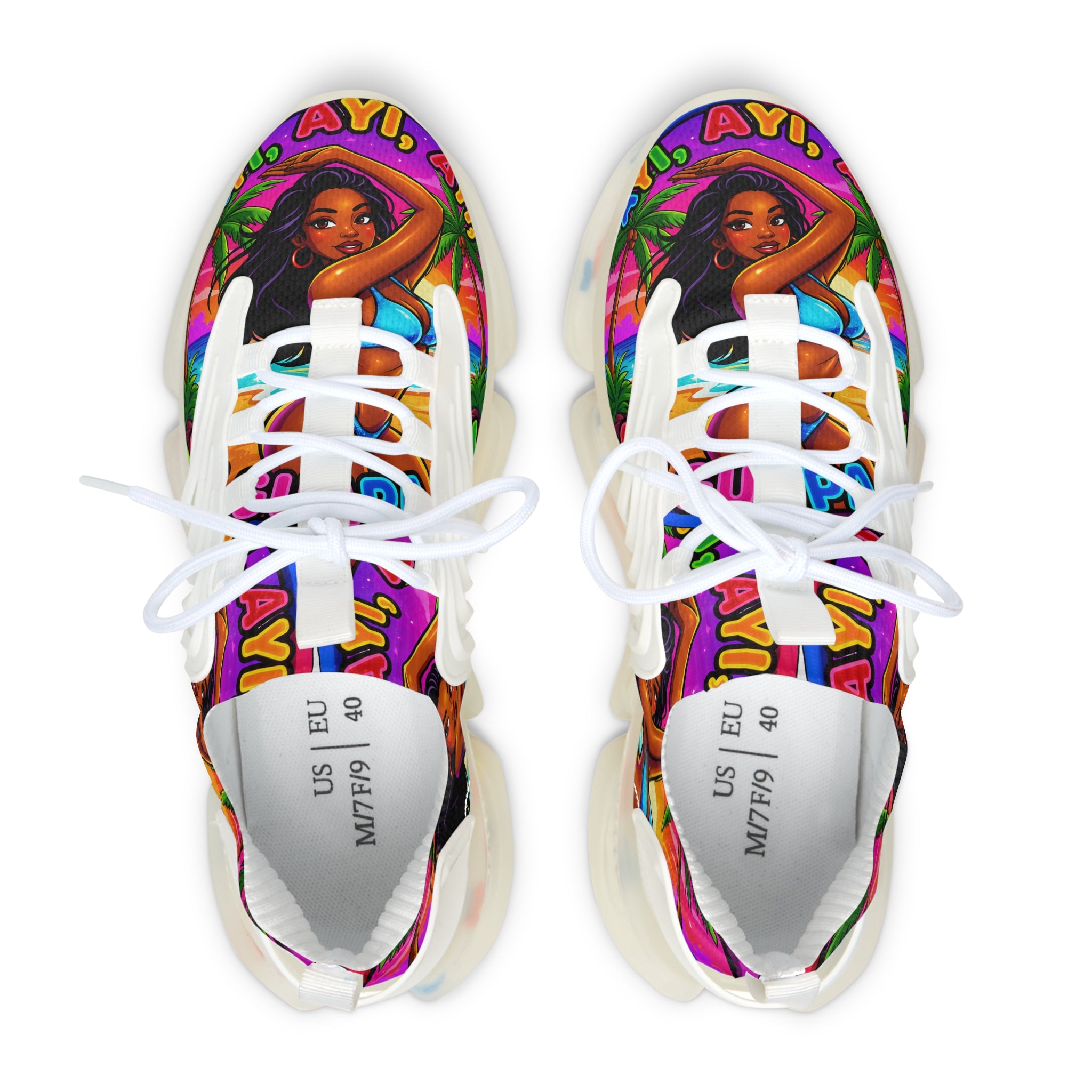Women’s Mesh Sneakers — Vibrant Tropical ‘Ayi Ayi Ayi!’ Graphic Design