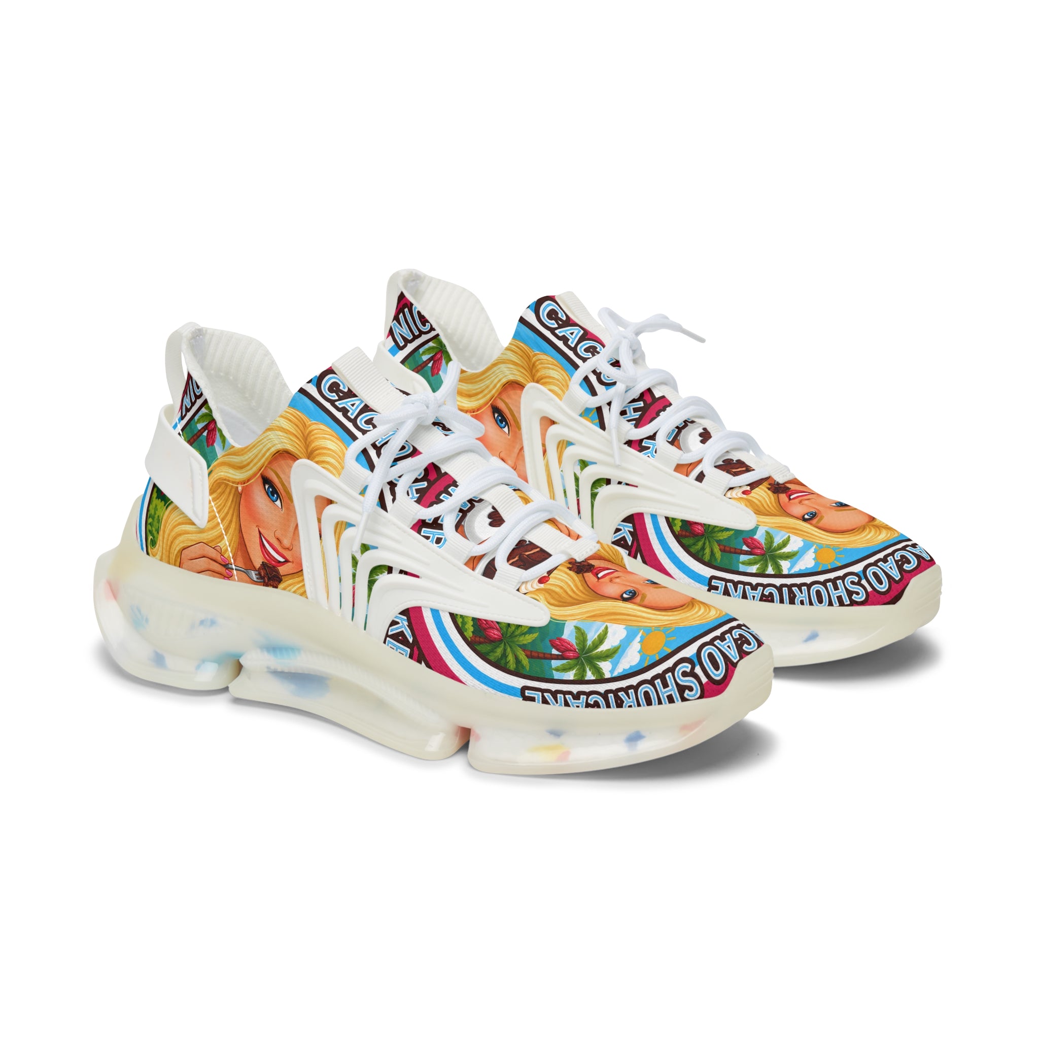 Women's Mesh Sneakers —"  Nicaragua Cacao Shortcake "Colorful Retro Barbie-Inspired Graphic Trainers