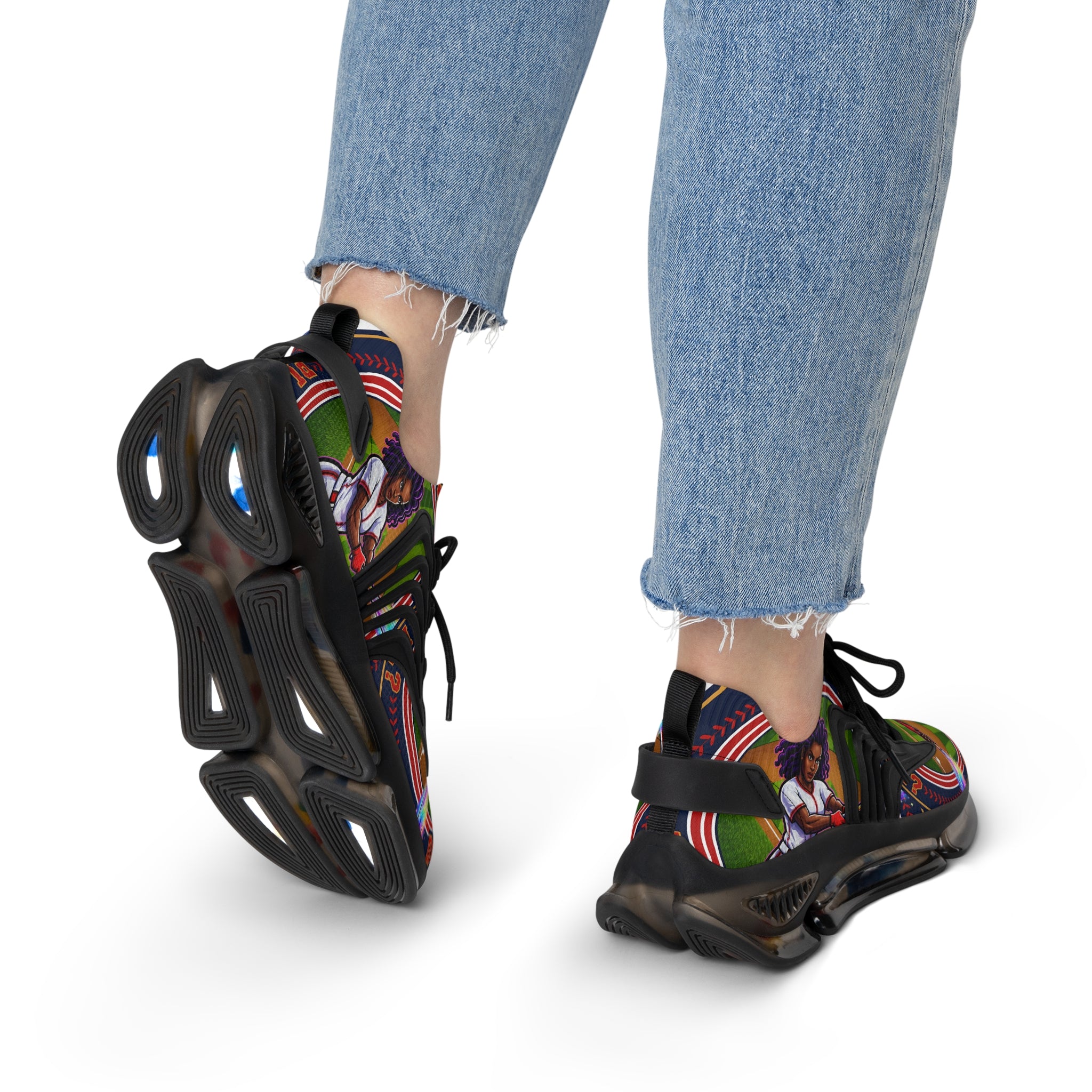 Women's Mesh Sneakers — " Can You Play Baseball "Vibrant Afrocentric Athletic Shoes with 'I Can You' Graphic