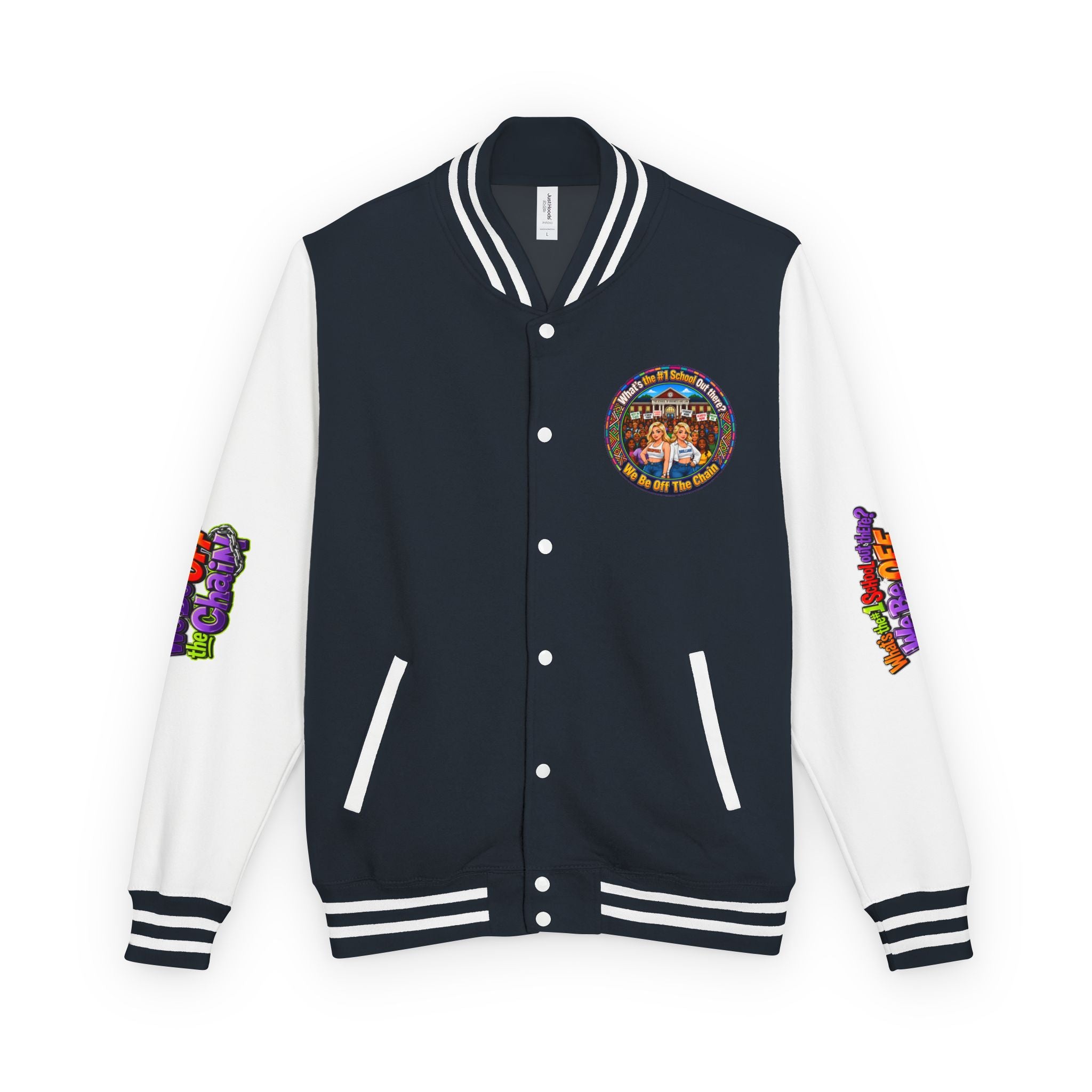 Letterman Jacket — Colorful School Spirit "We Be Off The Chain" Varsity Jacket