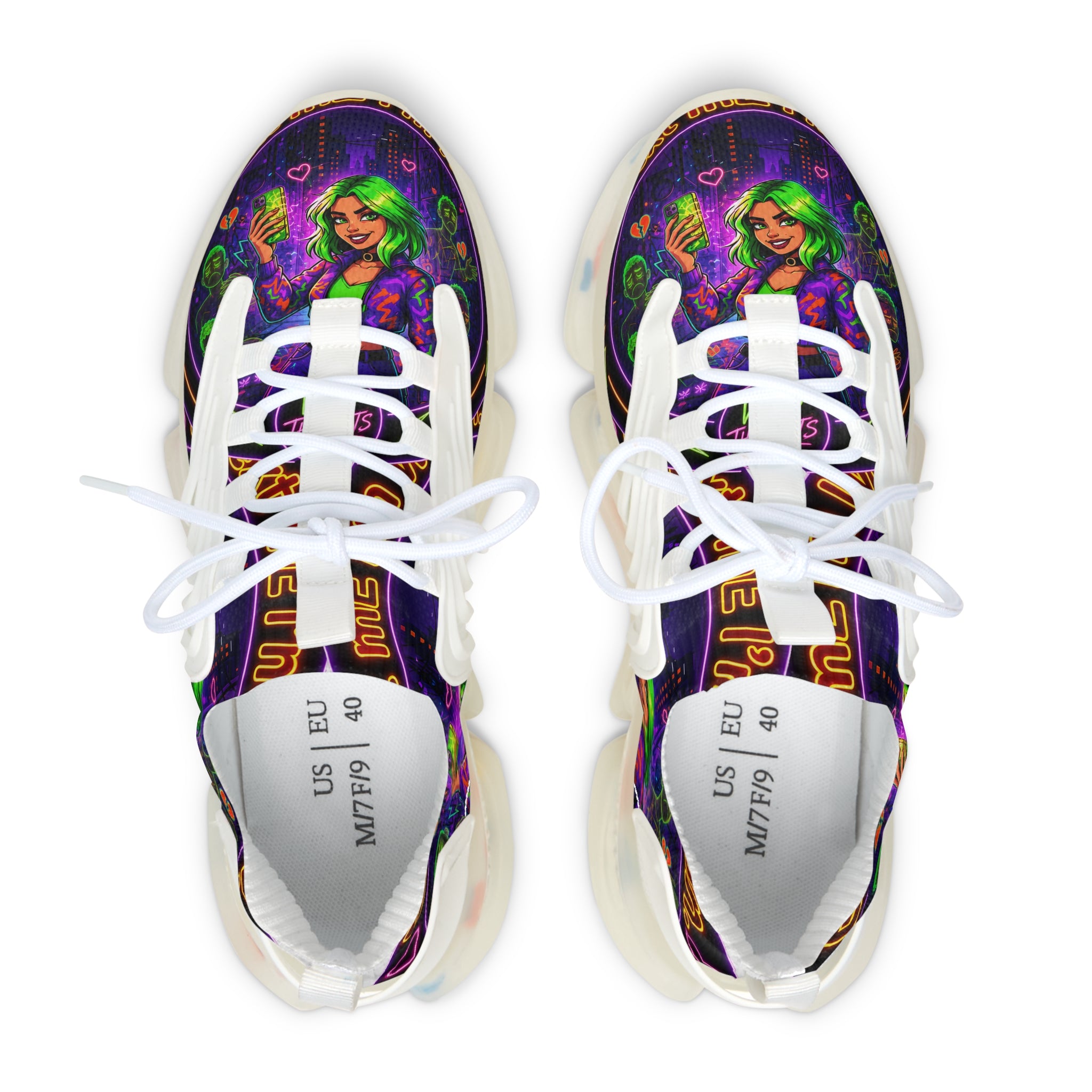 Mesh Sneakers — Neon Green Witch Graphic Athletic Shoes