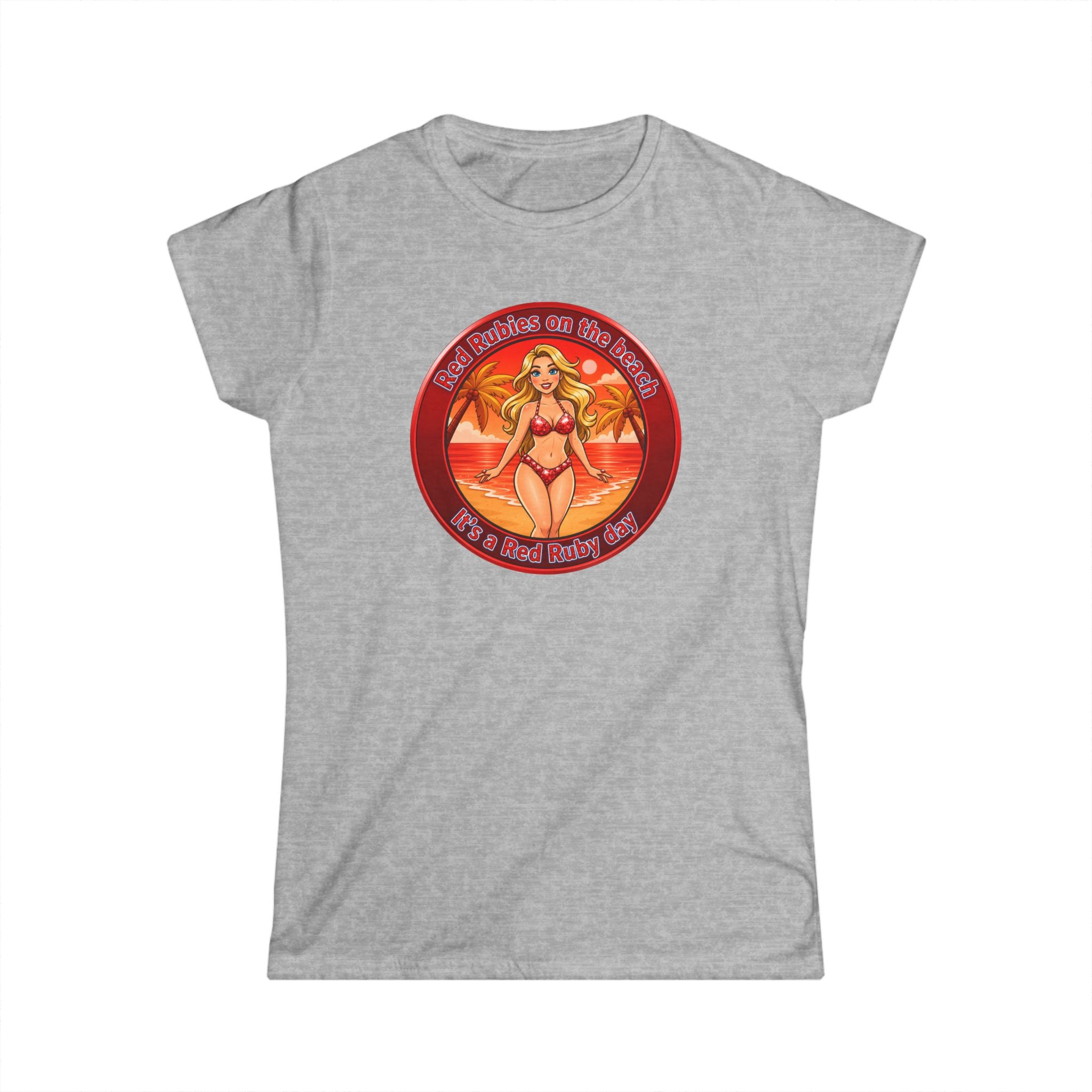 Beach Babe Graphic Tee — "Red Rubies On The Beach" Retro Bikini Design