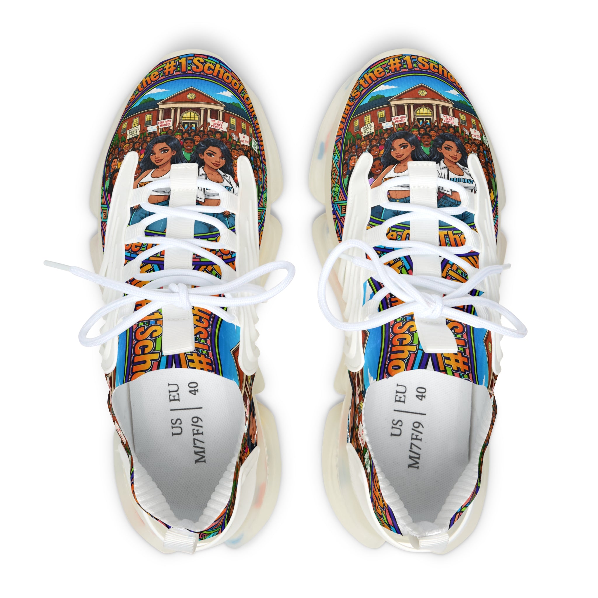 Mesh Sneakers — " What's The #1 School Out There " Colorful Retro School Girl Graphic Athletic Shoes