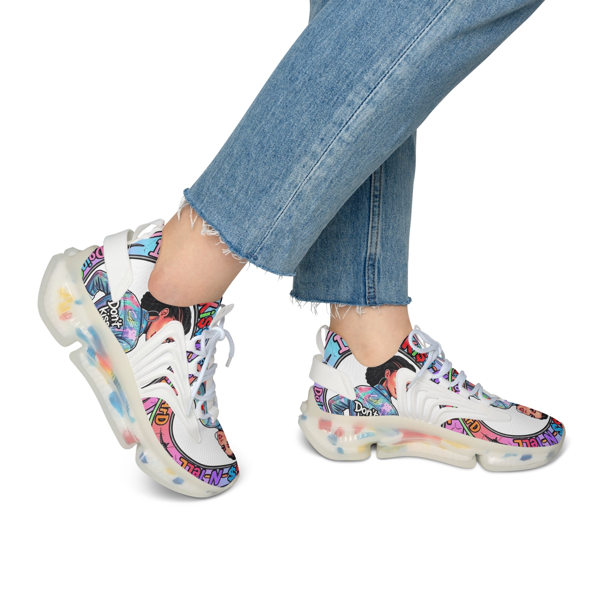 Women’s Mesh Sneakers — " I Don't kiss-N Tell"Colorful Retro Pop Art Design