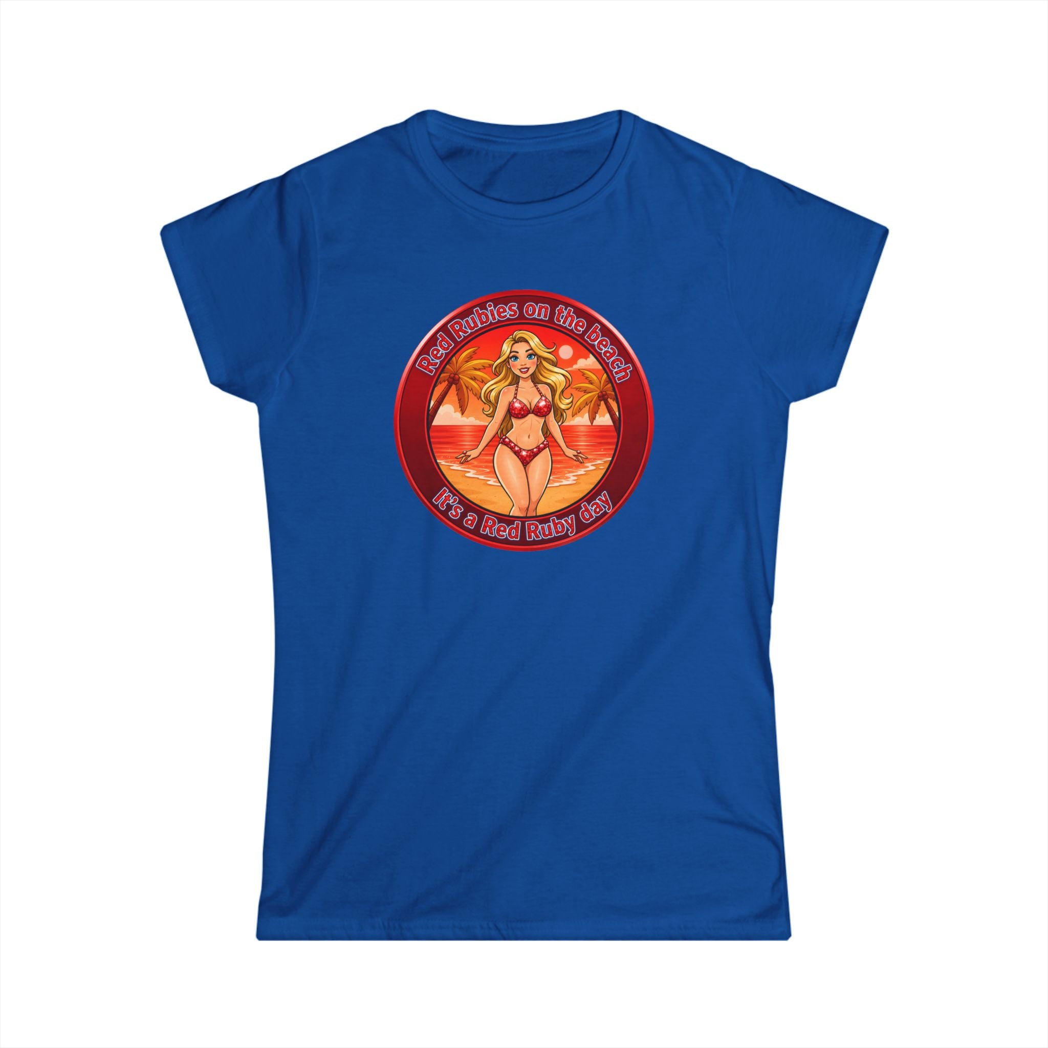Beach Babe Graphic Tee — "Red Rubies On The Beach" Retro Bikini Design