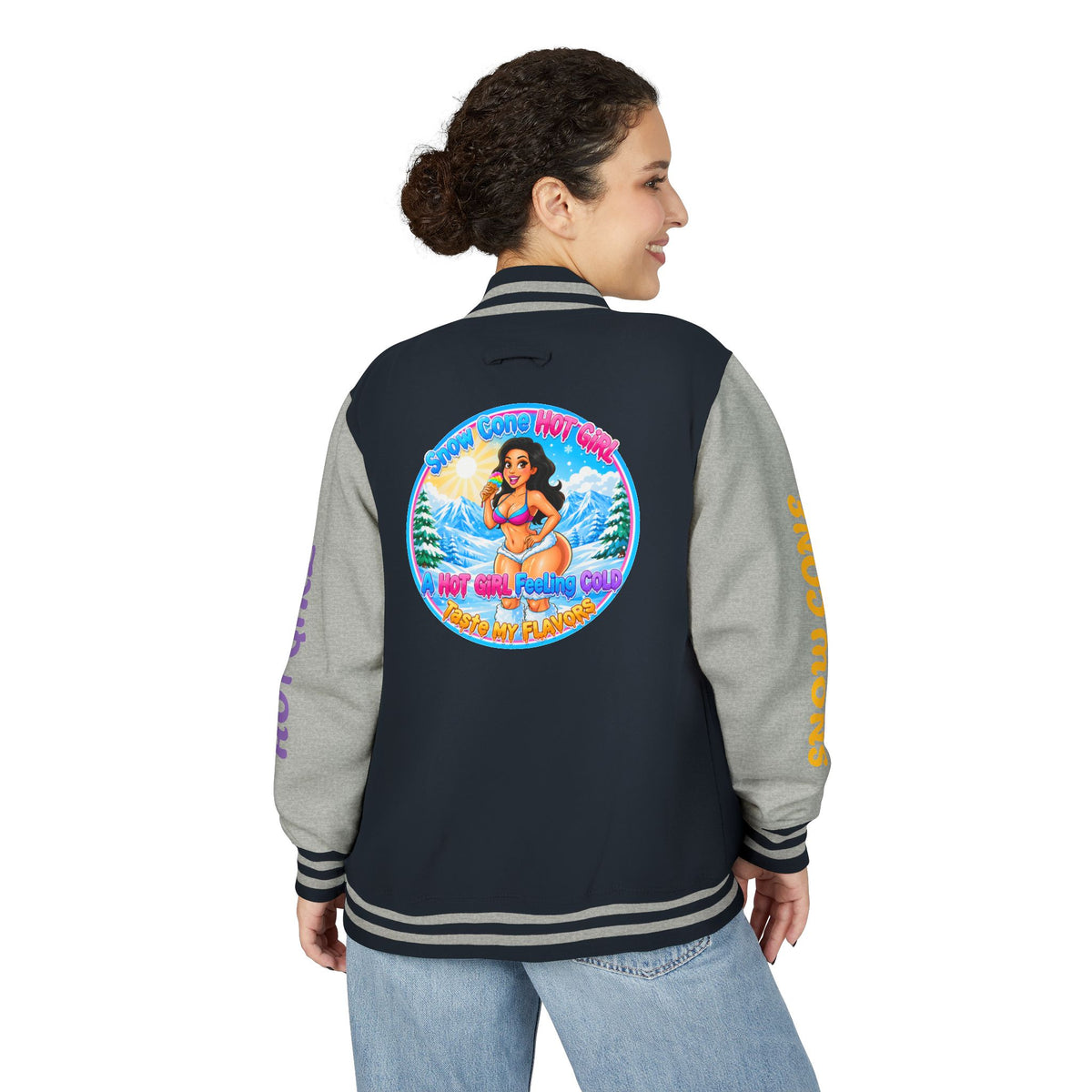 Letterman Jacket — 'SnowCone, Hot Girl' Retro Beach Graphic