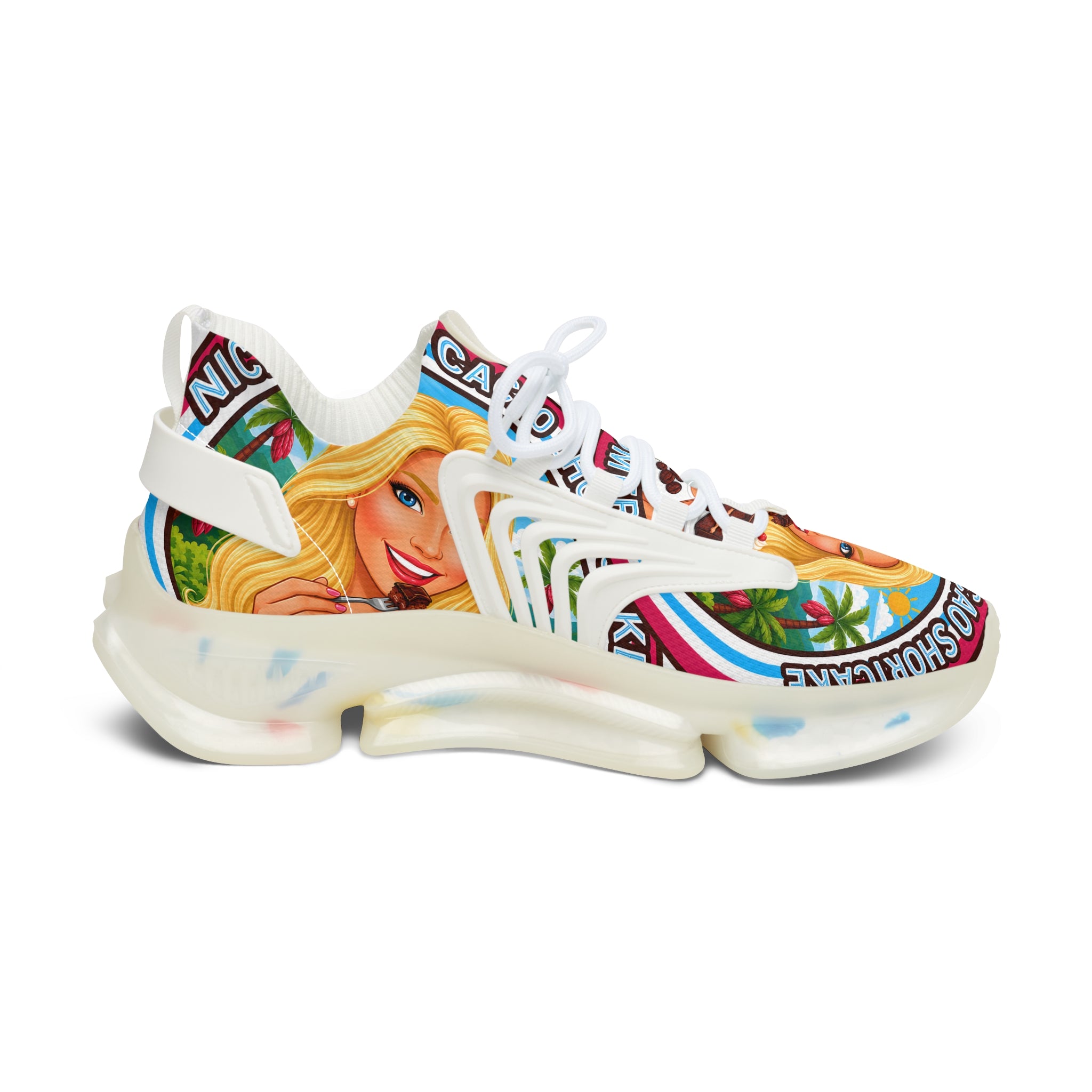 Women's Mesh Sneakers —"  Nicaragua Cacao Shortcake "Colorful Retro Barbie-Inspired Graphic Trainers