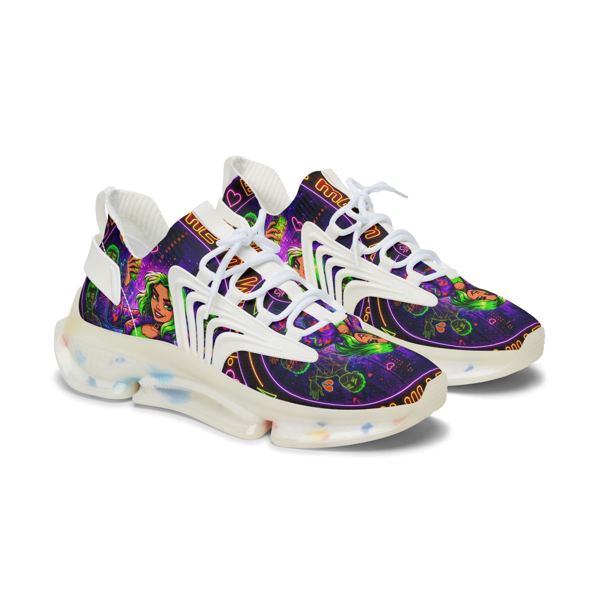 Mesh Sneakers — Neon Green Witch Graphic Athletic Shoes