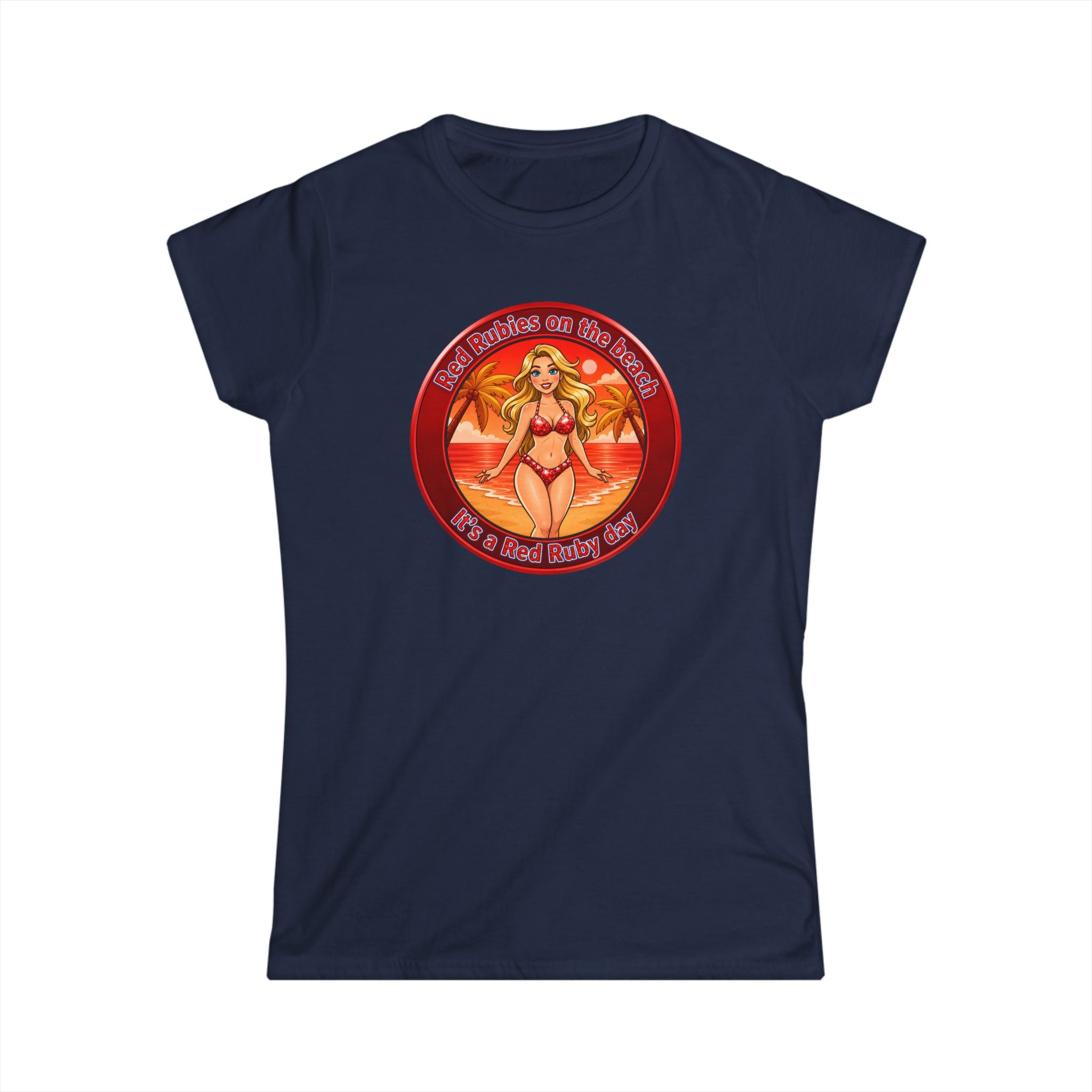 Beach Babe Graphic Tee — "Red Rubies On The Beach" Retro Bikini Design