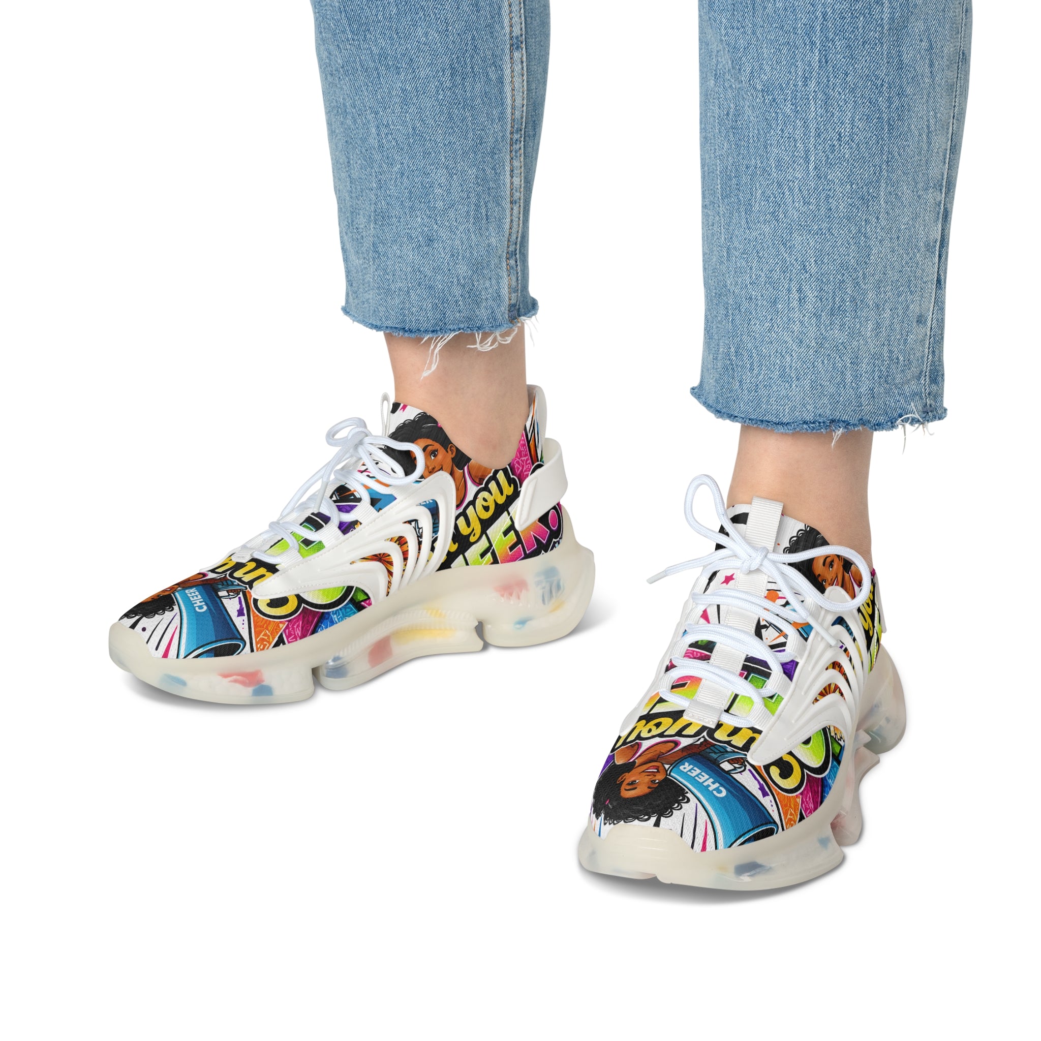Women's Mesh Sneakers — Colorful Pop Art 'Can You Cheer?' Graphic Athletic Shoes