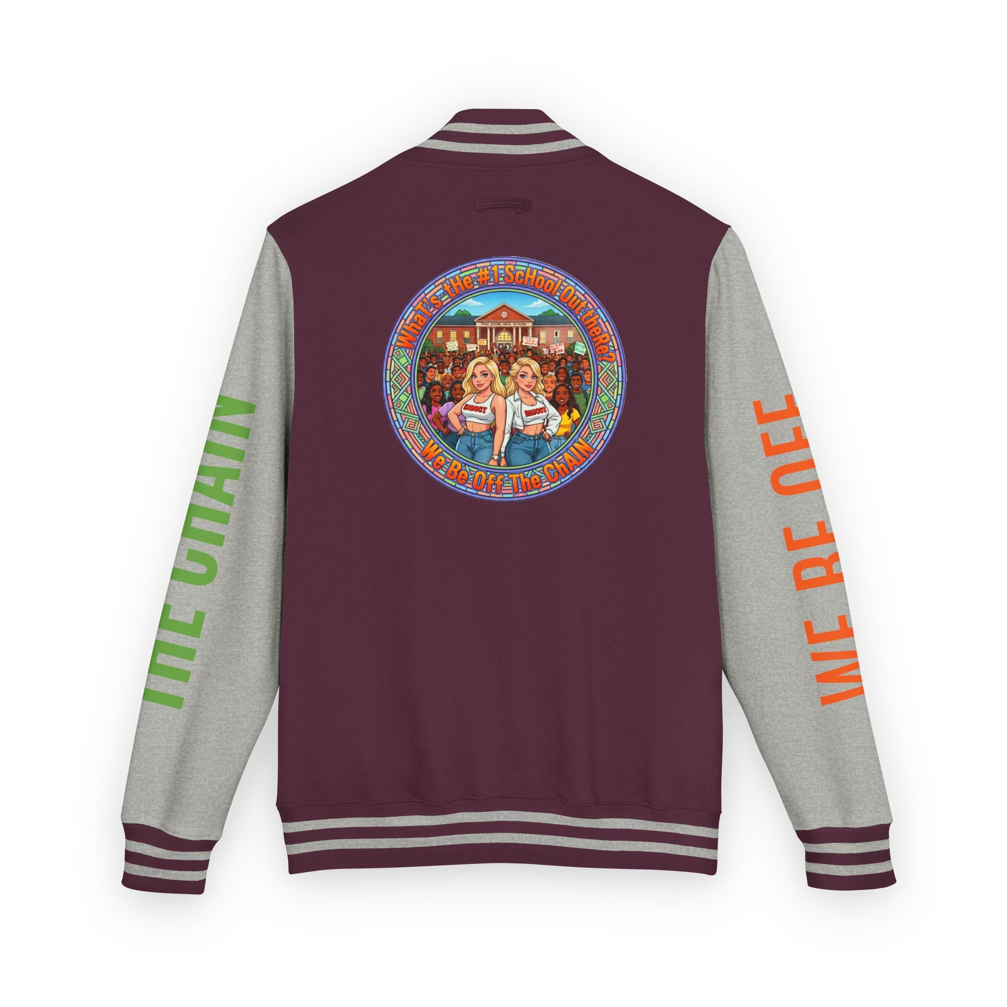 Retro Colorblock Letterman Jacket — 'We Be Off The Chain' Sleeve Print