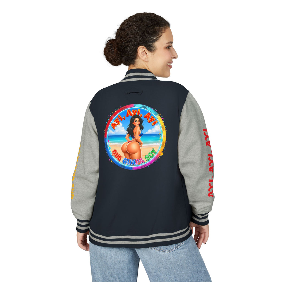 Letterman Jacket – Retro Beach Pinup Varsity Jacket with 'Ayi Ayi Ayi' Graphic
