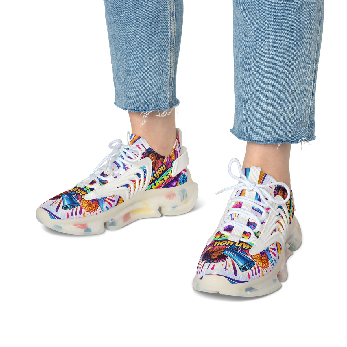Women's Cheerleader Graphic Mesh Sneakers — "Can You Cheer?" Colorful Athletic Shoes