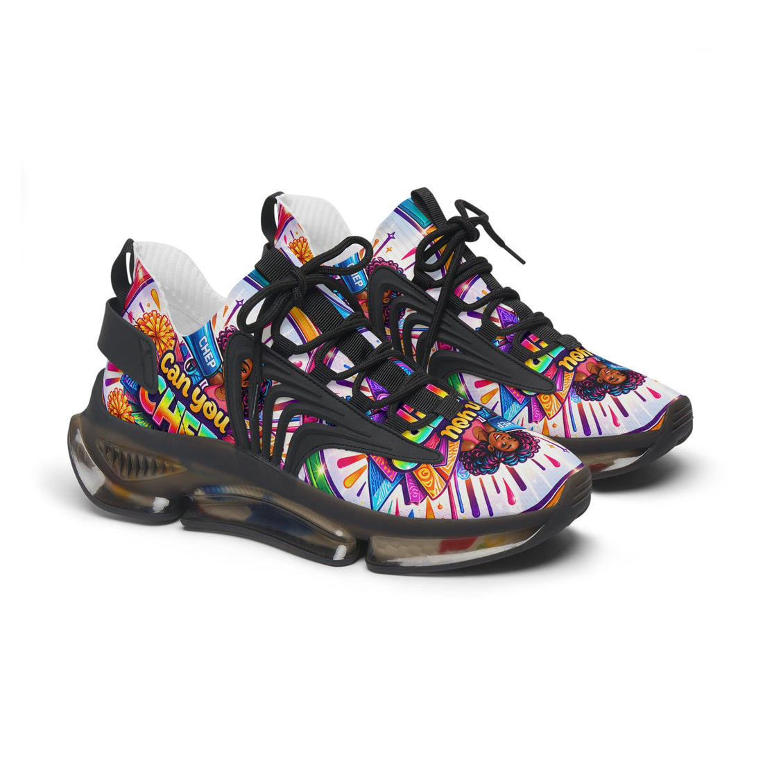Women's Cheerleader Graphic Mesh Sneakers — "Can You Cheer?" Colorful Athletic Shoes