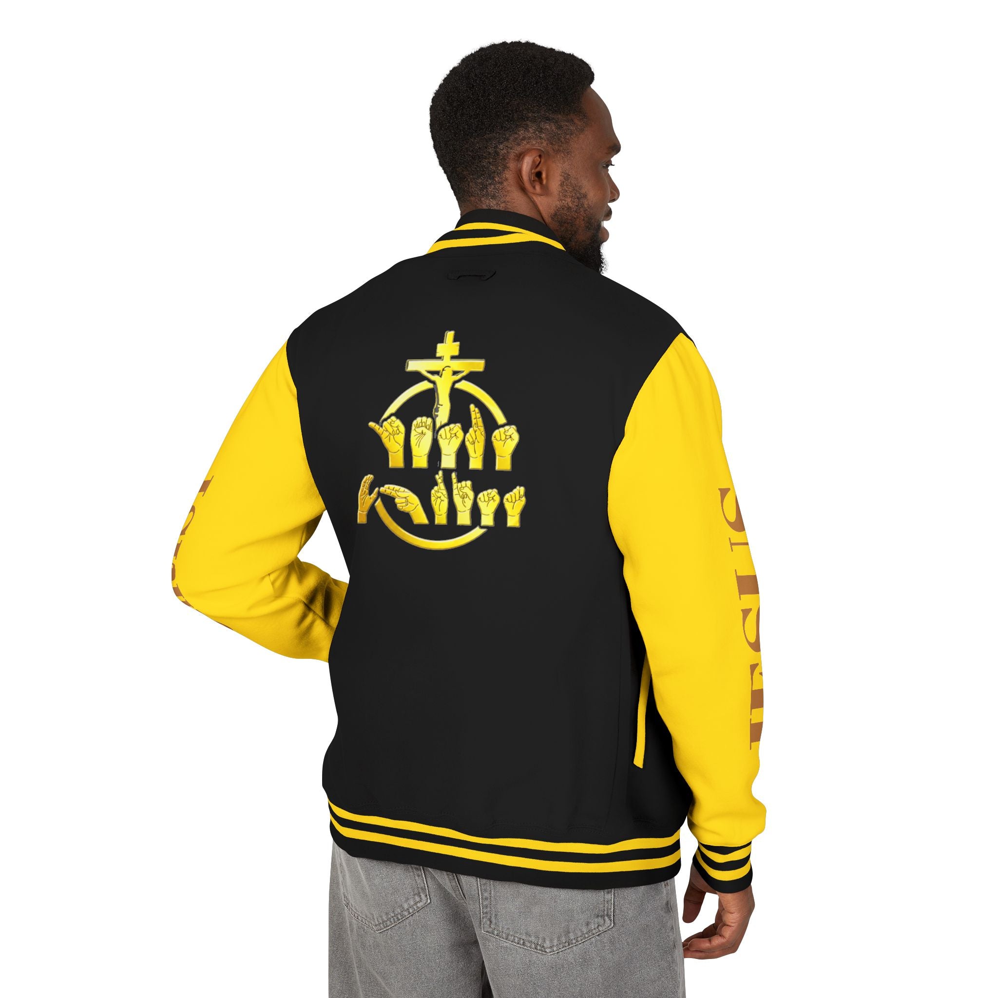 "Sign language Jesus Christ "     Christian Crown Letterman Jacket - 'Jesus Christ' Sleeve Varsity Jacket