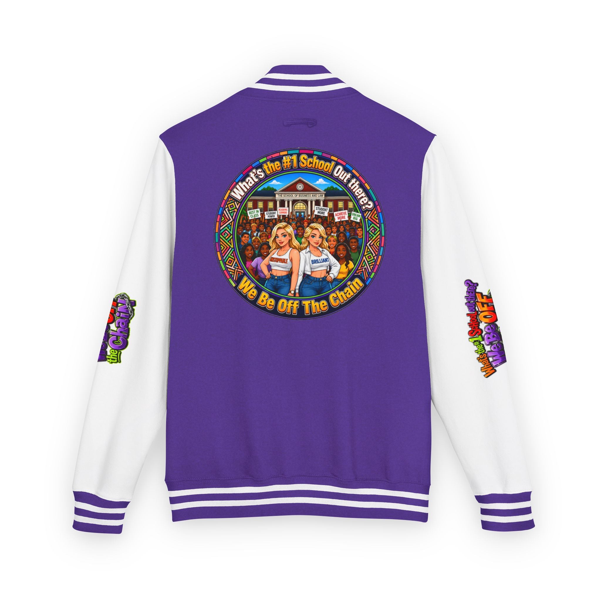 Letterman Jacket — Colorful School Spirit "We Be Off The Chain" Varsity Jacket