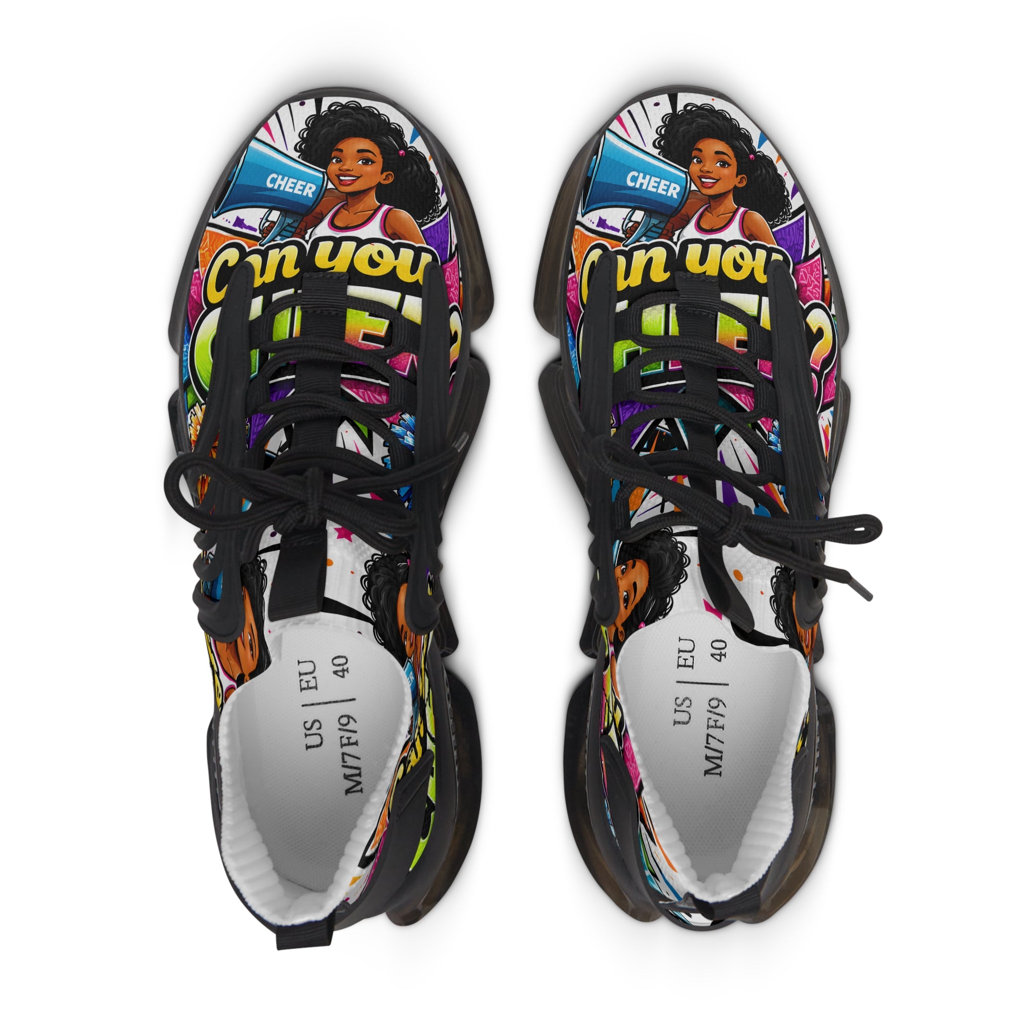 Women's Mesh Sneakers — Colorful Pop Art 'Can You Cheer?' Graphic Athletic Shoes
