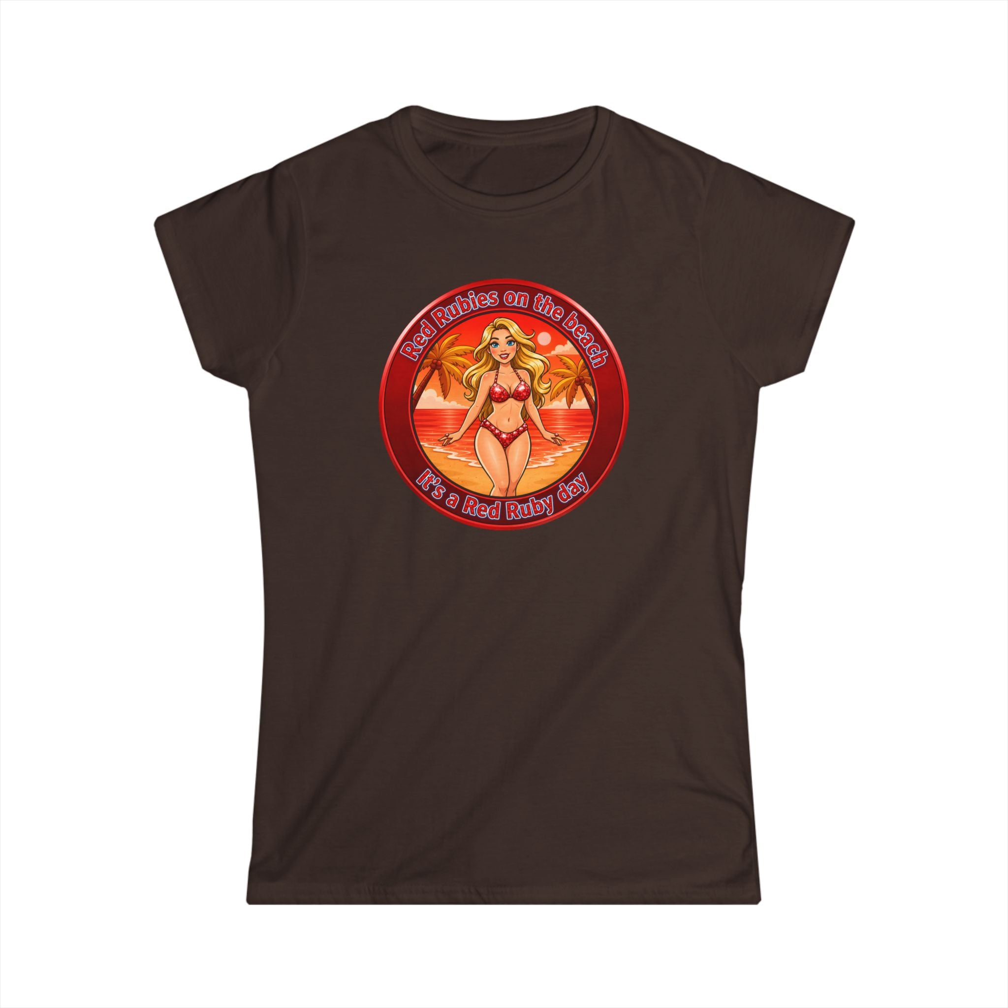 Beach Babe Graphic Tee — "Red Rubies On The Beach" Retro Bikini Design