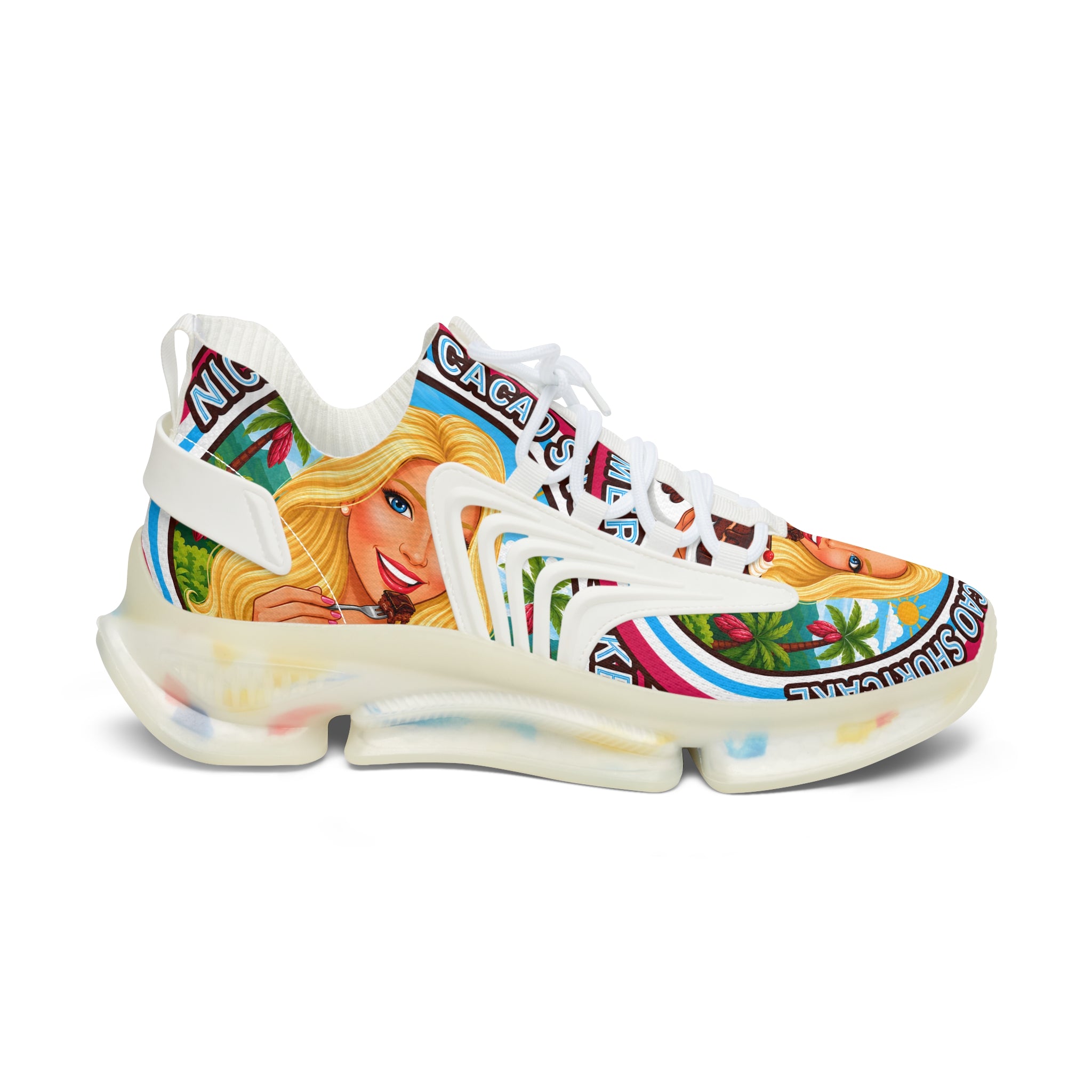 Women's Mesh Sneakers —"  Nicaragua Cacao Shortcake "Colorful Retro Barbie-Inspired Graphic Trainers