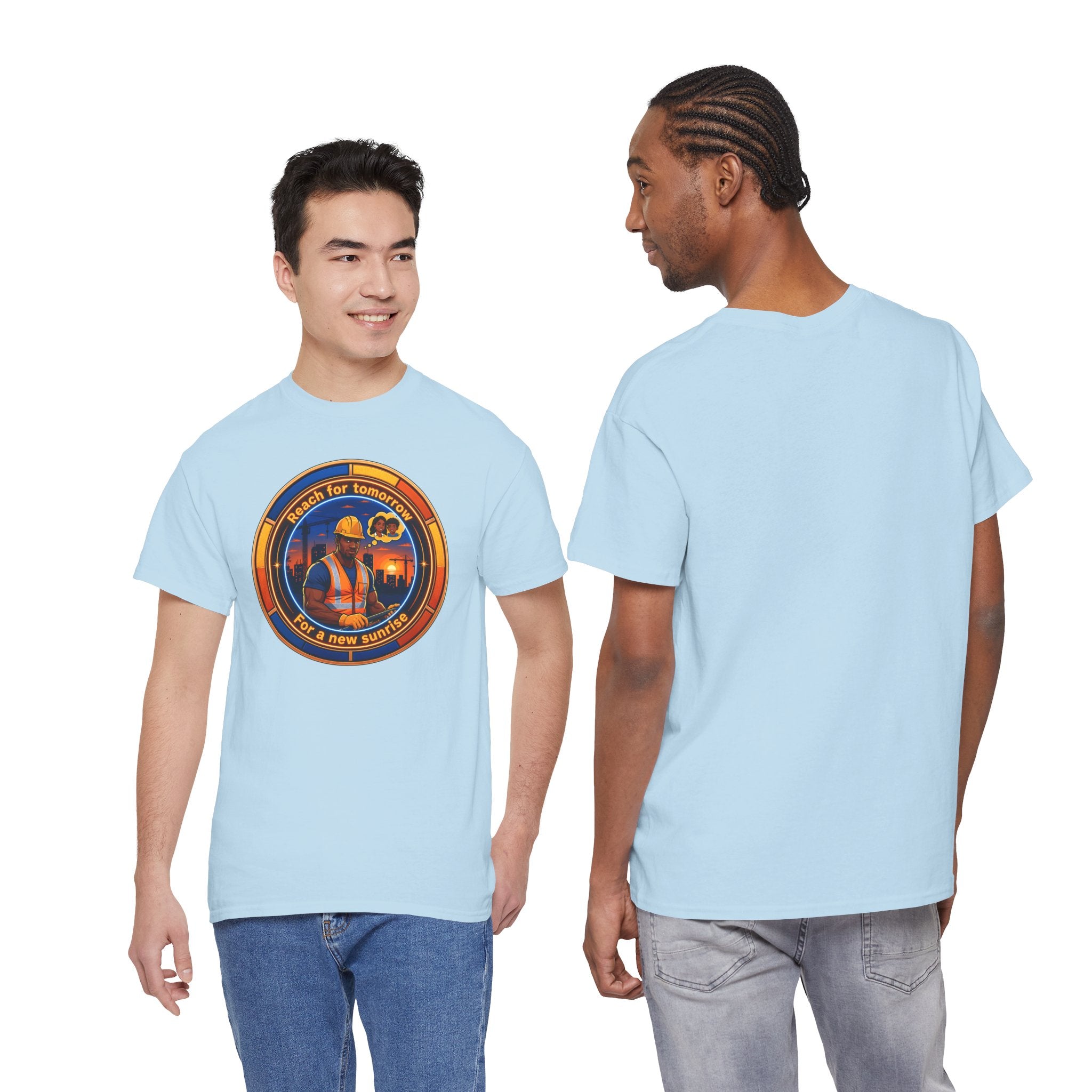 Construction Worker Sunset Tee — “Reach for Tomorrow ” Safety Crew T-Shirt