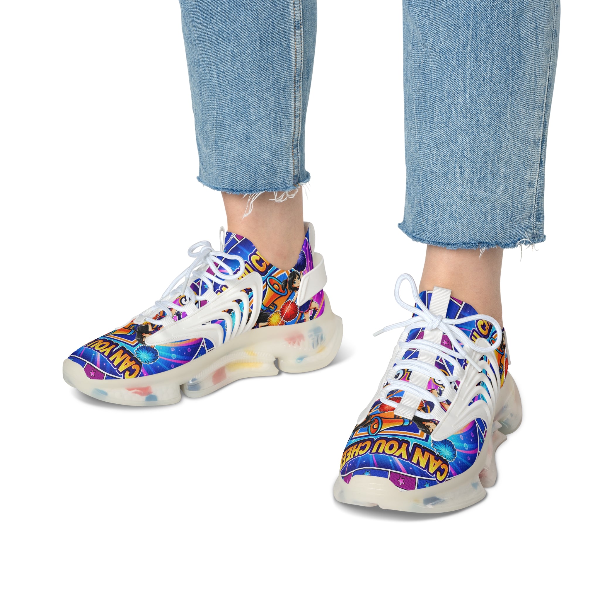 Women's Mesh Sneakers " Can You Cheer?" — Colorful Retro Graphic Athletic Shoes