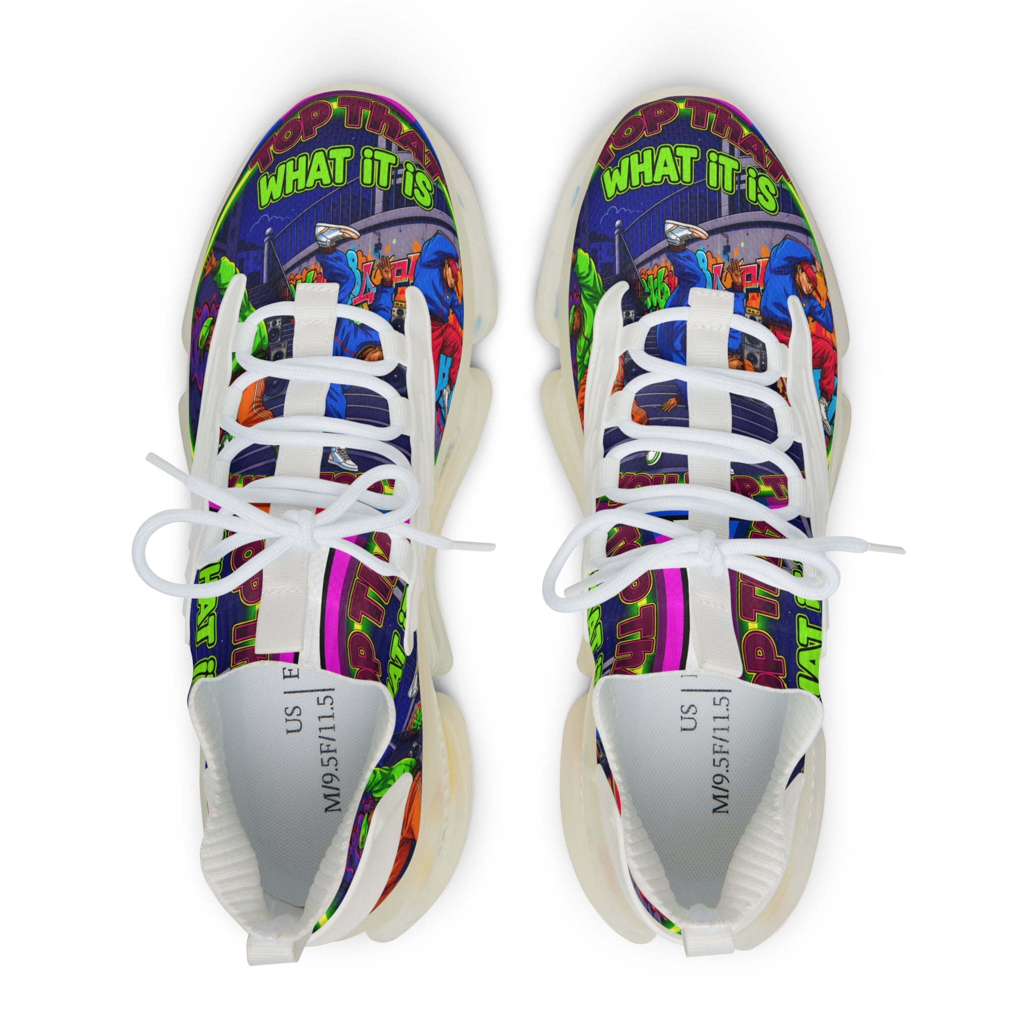Men's Mesh Sneakers — " Top That What It Is" Colorful Comic Pop Art Graphic Athletic Shoes