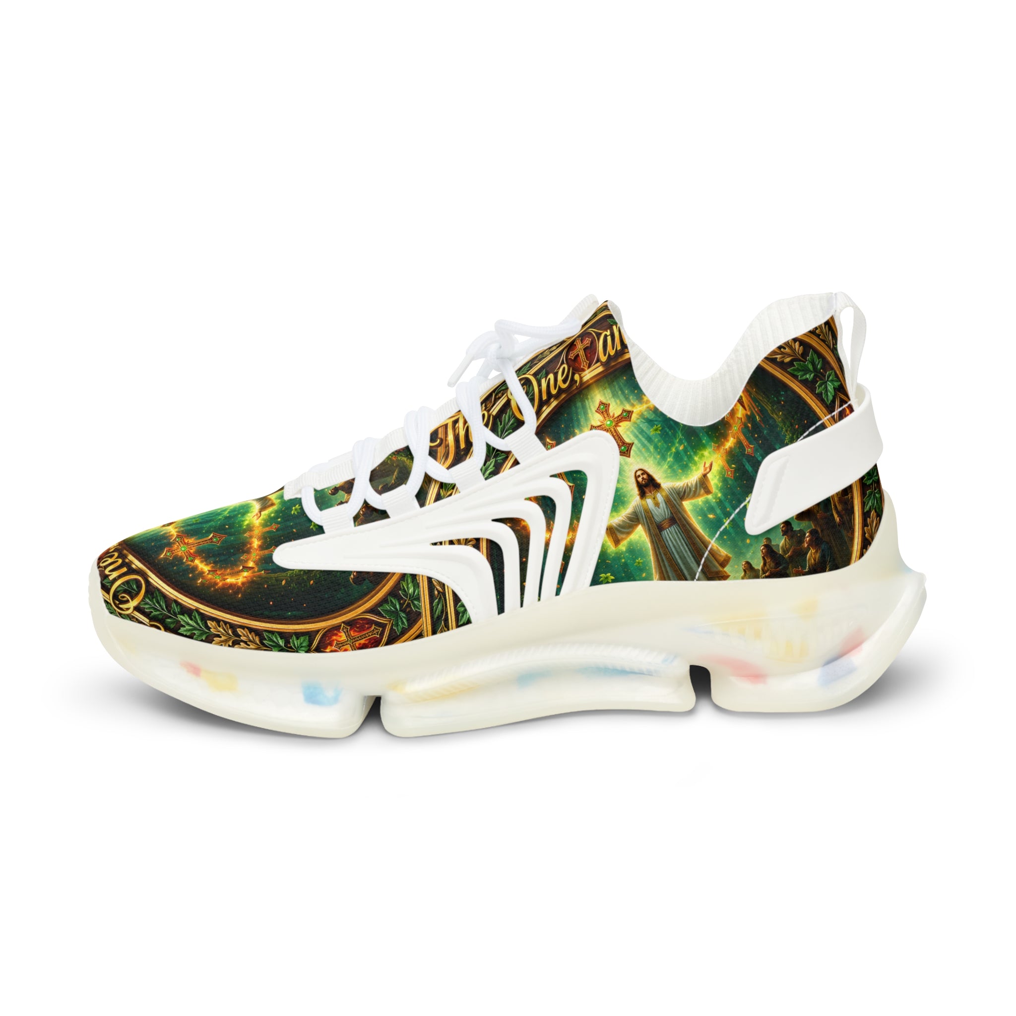 Men's Mesh Sneakers — " The One And Only Jesus Christ " Vintage Celtic Sword & Shield Athletic Shoes