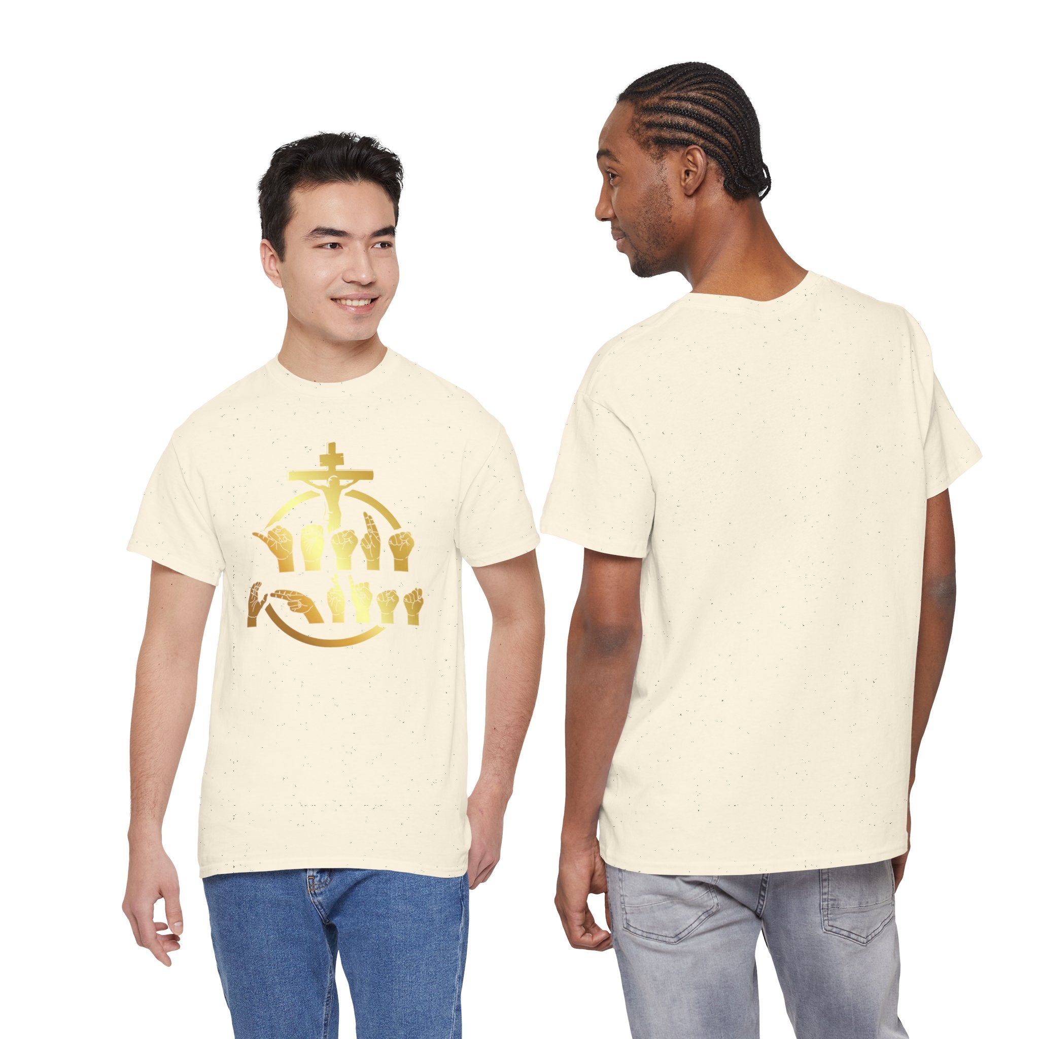 Christian Cross & Praying Hands T-Shirt — Gold Faith Design