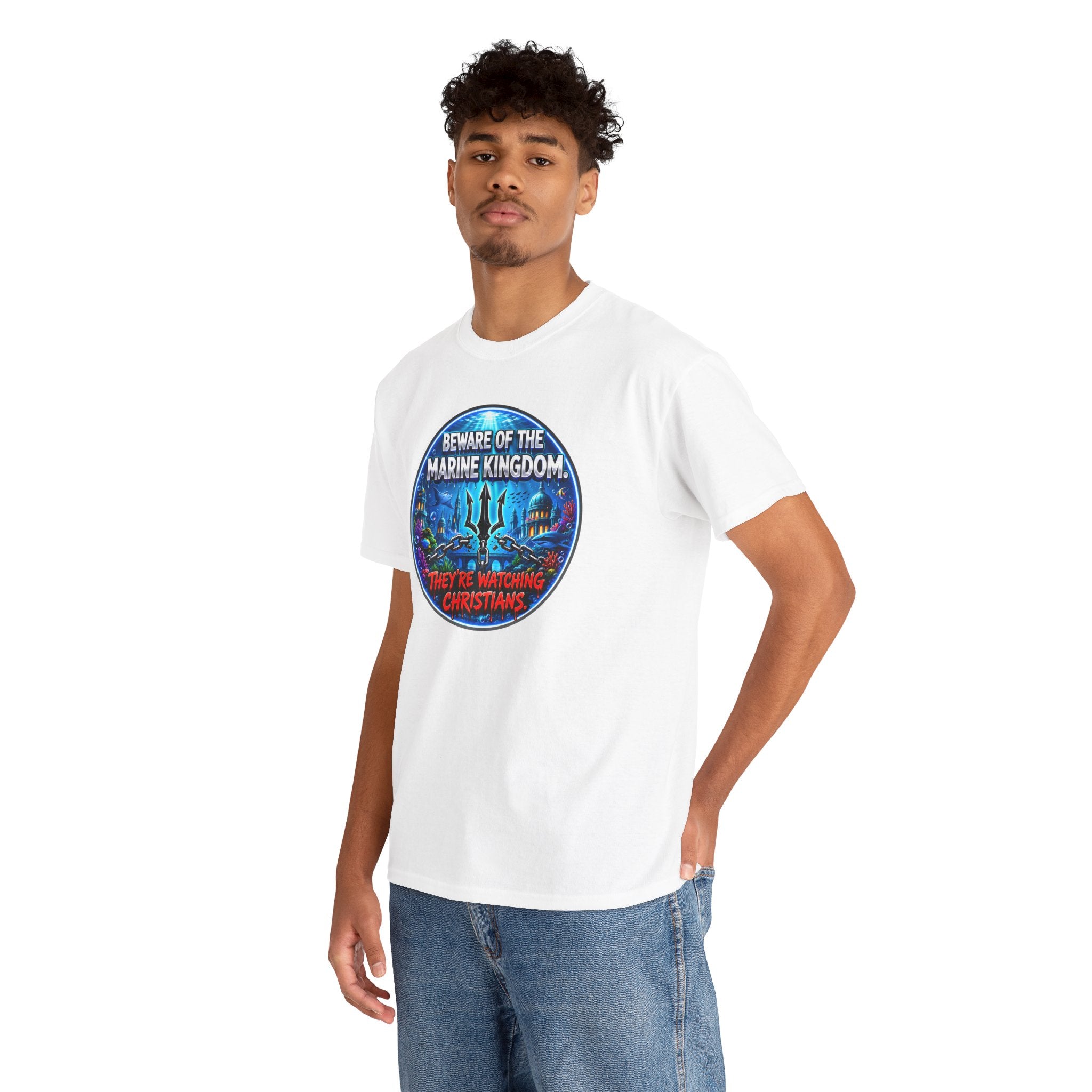 T‑Shirt — "Beware of the Marine Kingdom: They're Watching Christians" Vintage Ocean Graphic