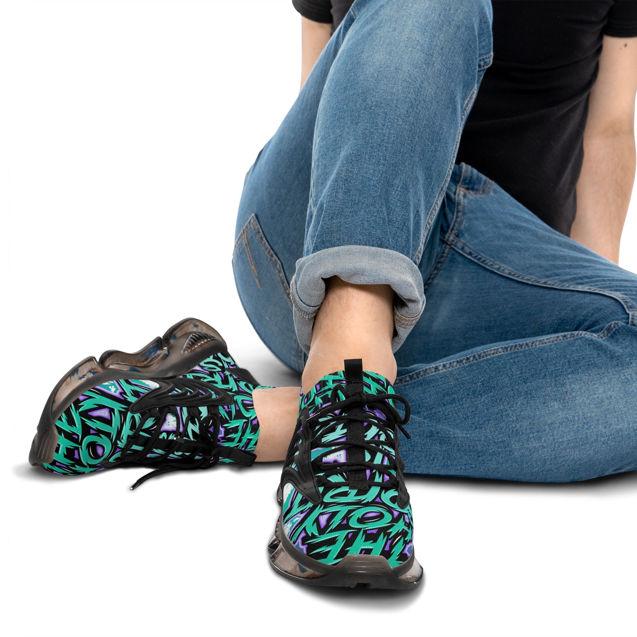 Men's Mesh Sneakers —"The Holy Spirit Is Yours'Bold Teal Graffiti Pattern Athletic Shoes