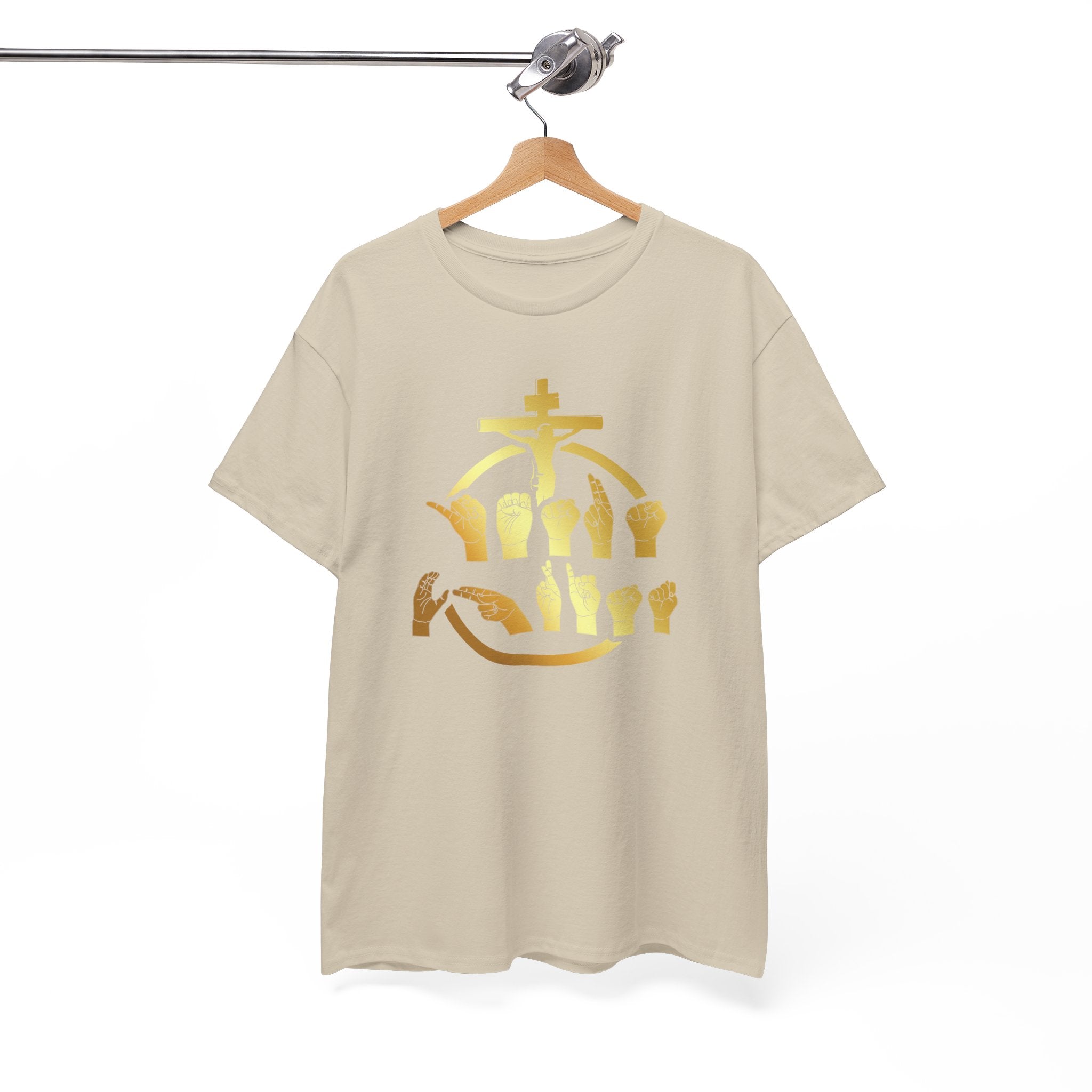 Christian Cross & Praying Hands T-Shirt — Gold Faith Design
