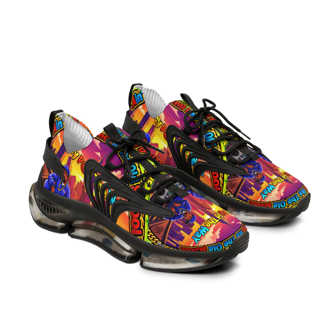 Mesh Sneakers — " Aint Nothing Like The Old School " Retro Neon City Graphic Men's Athletic Shoes