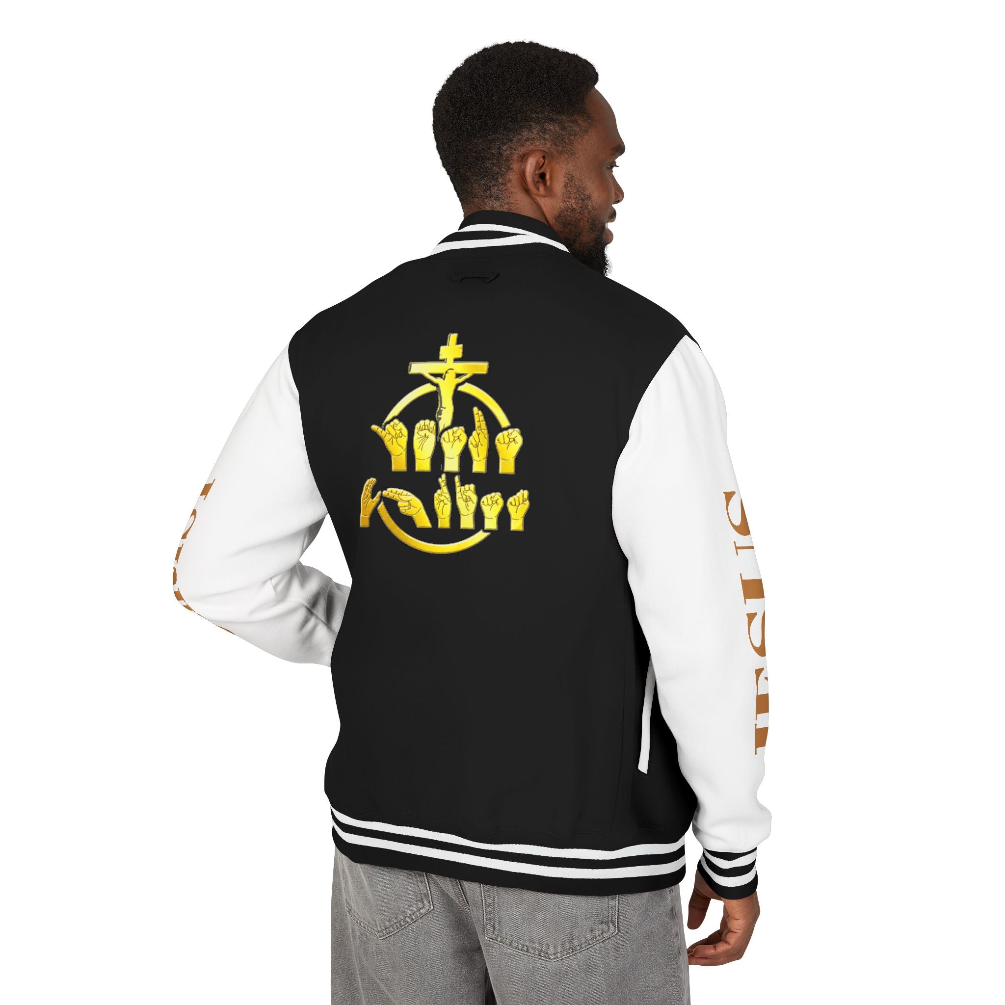 "Sign language Jesus Christ "     Christian Crown Letterman Jacket - 'Jesus Christ' Sleeve Varsity Jacket