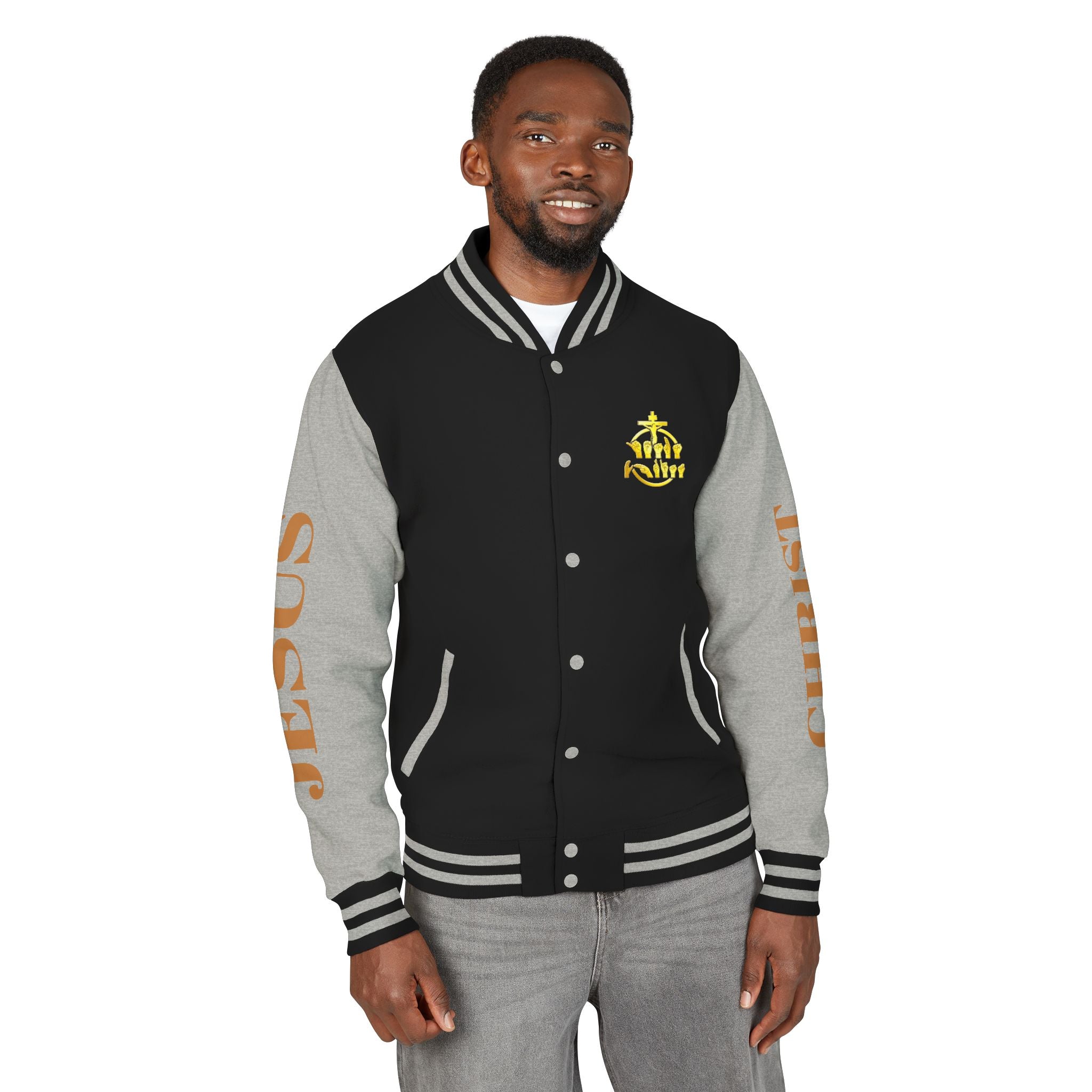 "Sign language Jesus Christ "     Christian Crown Letterman Jacket - 'Jesus Christ' Sleeve Varsity Jacket