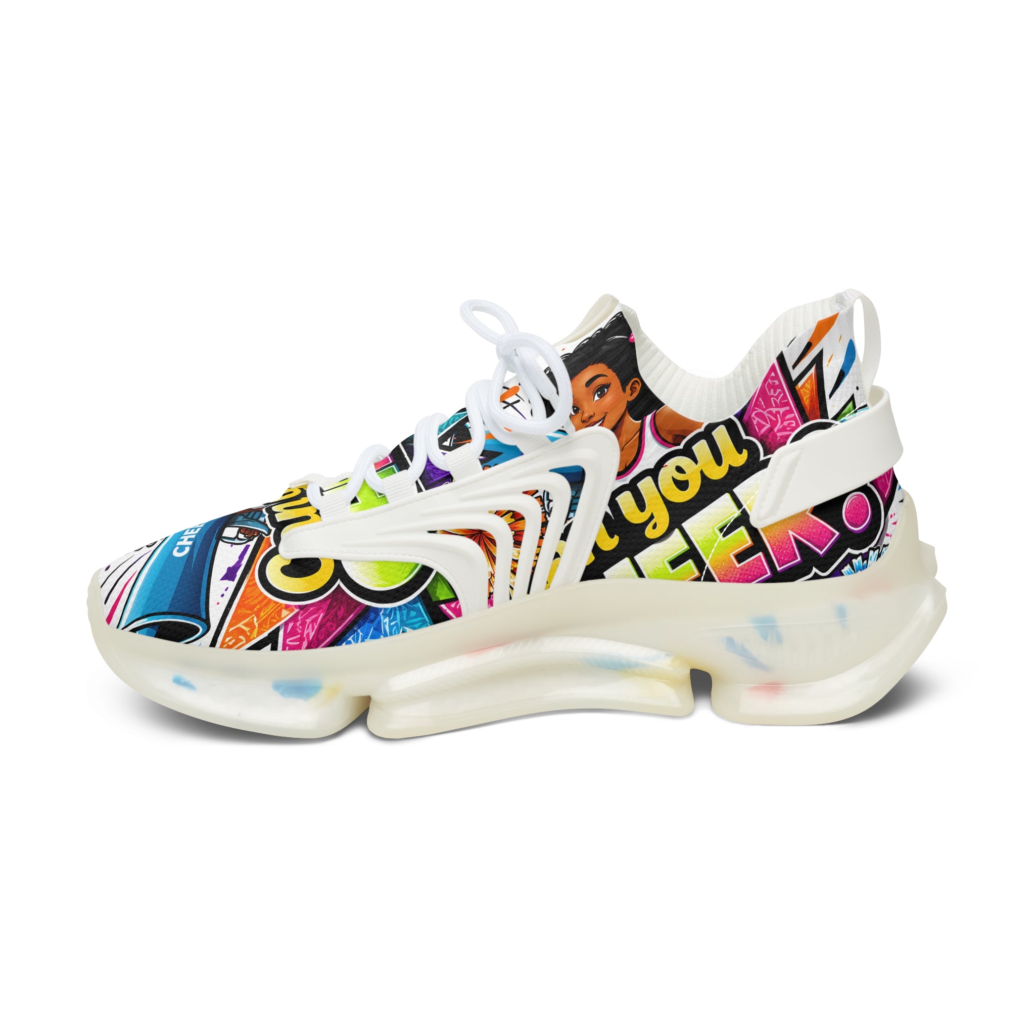 Women's Mesh Sneakers — Colorful Pop Art 'Can You Cheer?' Graphic Athletic Shoes