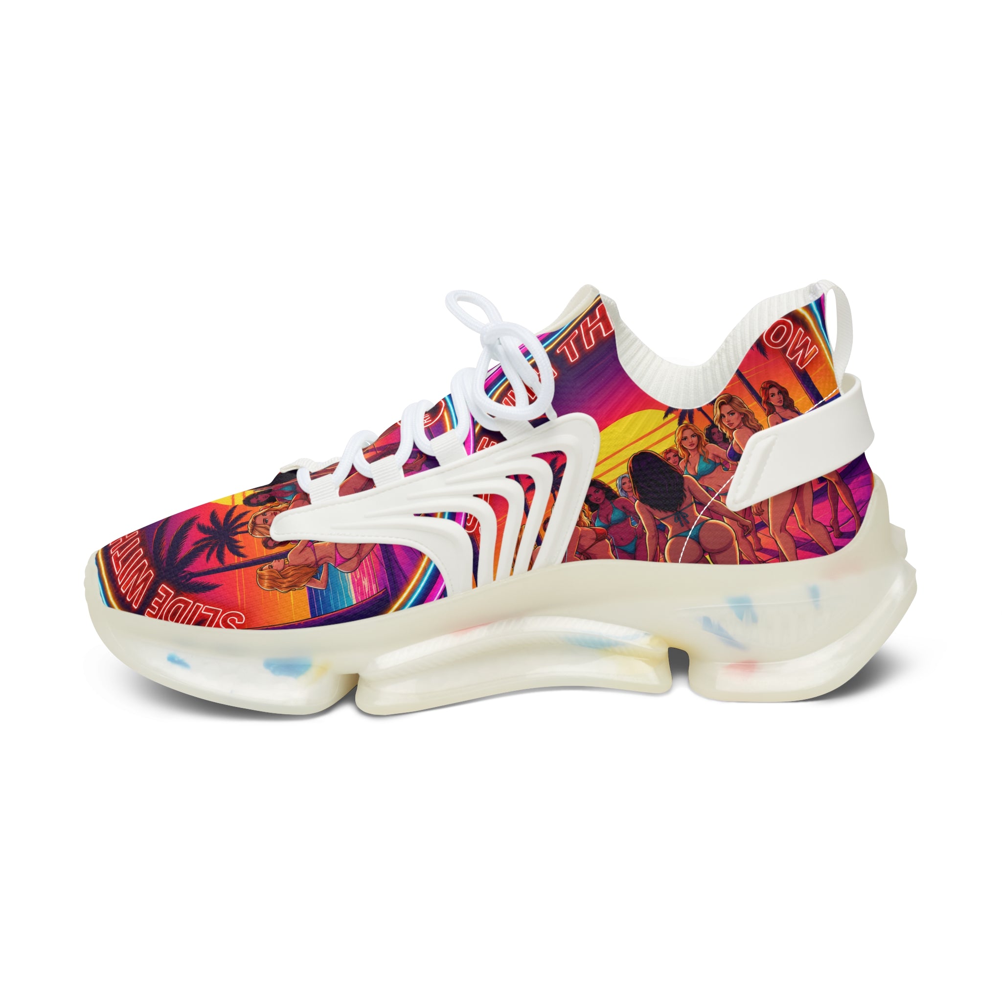 Women's Mesh Sneakers —"Slide With The Beat Now "Vibrant Retro Sunset Graphic Trainers