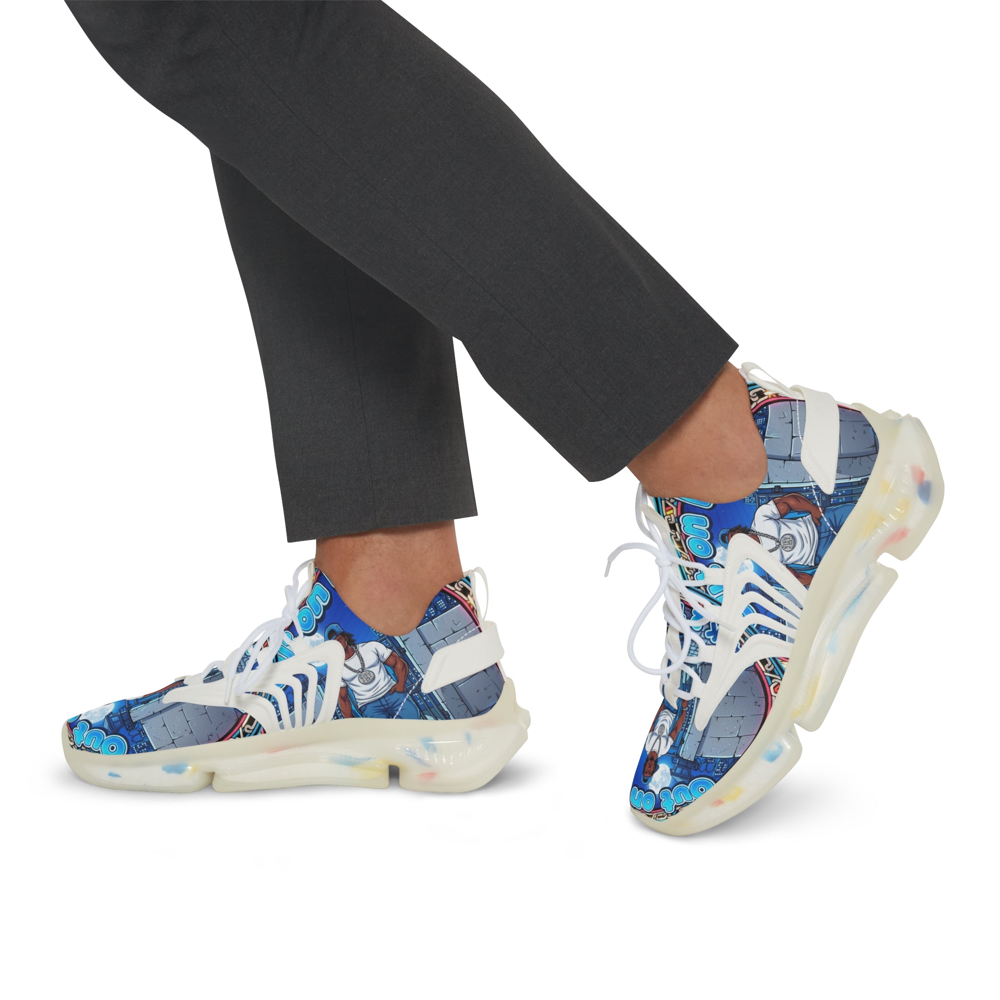 Men's Graphic Mesh Sneakers — " Out On Bail" Street Art Portrait Design